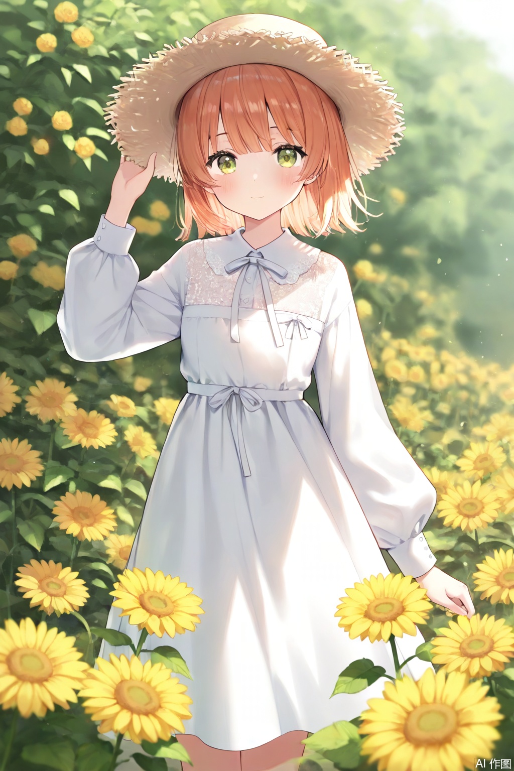 1girl,solo,looking at viewer,short hair,bangs,long sleeves,hat,dress,closed mouth,green eyes,standing,flower,outdoors,white dress,orange hair,blurry,straw hat,hand on headwear,