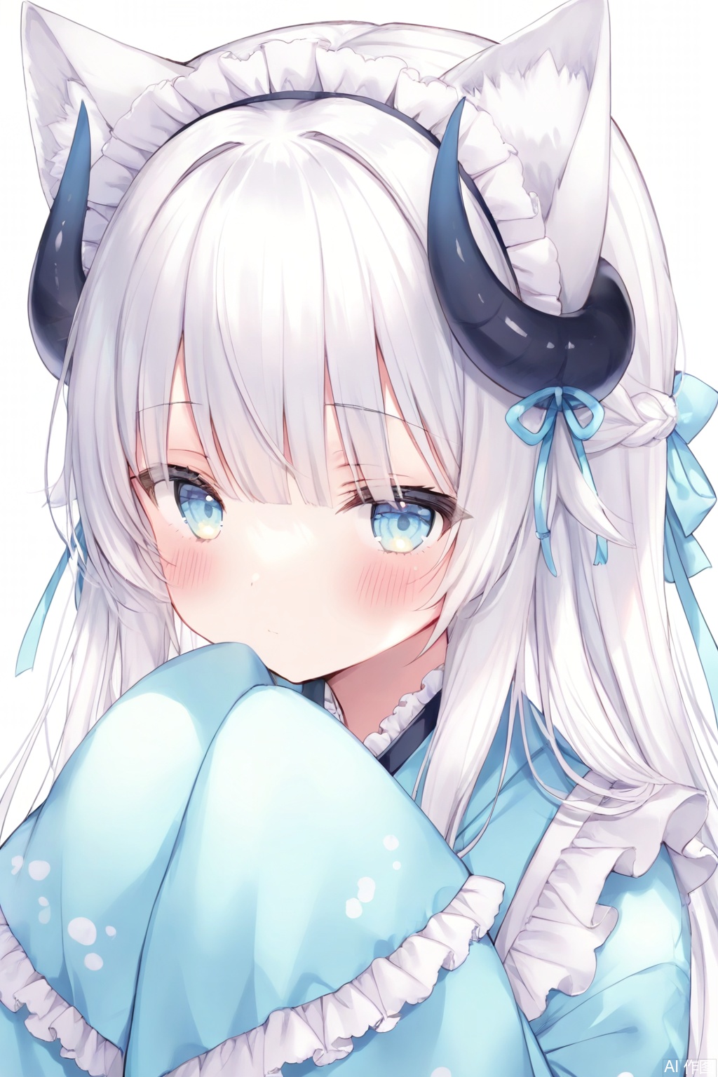 1girl, solo, long hair, looking at viewer, blush, bangs, blue eyes, simple background, long sleeves, white background, animal ears, closed mouth, upper body, white hair, frills, japanese clothes, horns, kimono, animal ear fluff, sleeves past wrists, maid headdress, sleeves past fingers