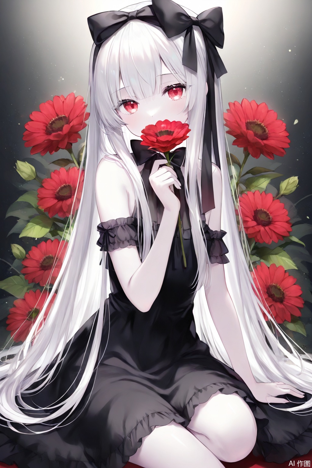 1girl, solo, long hair, looking at viewer, bangs, red eyes, dress, bow, holding, bare shoulders, sitting, very long hair, flower, white hair, hair bow, black dress, black bow, red flower, pale skin, holding flower