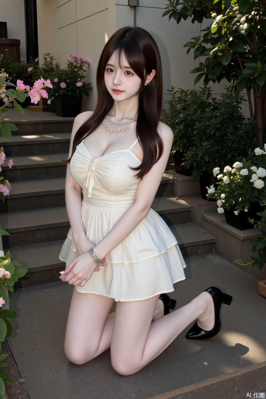 1girl,solo,long hair,looking at viewer,brown hair,dress,jewelry,full body,flower,necklace,black footwear,white dress,high heels,bracelet,kneeling,plant,stairs,realistic,