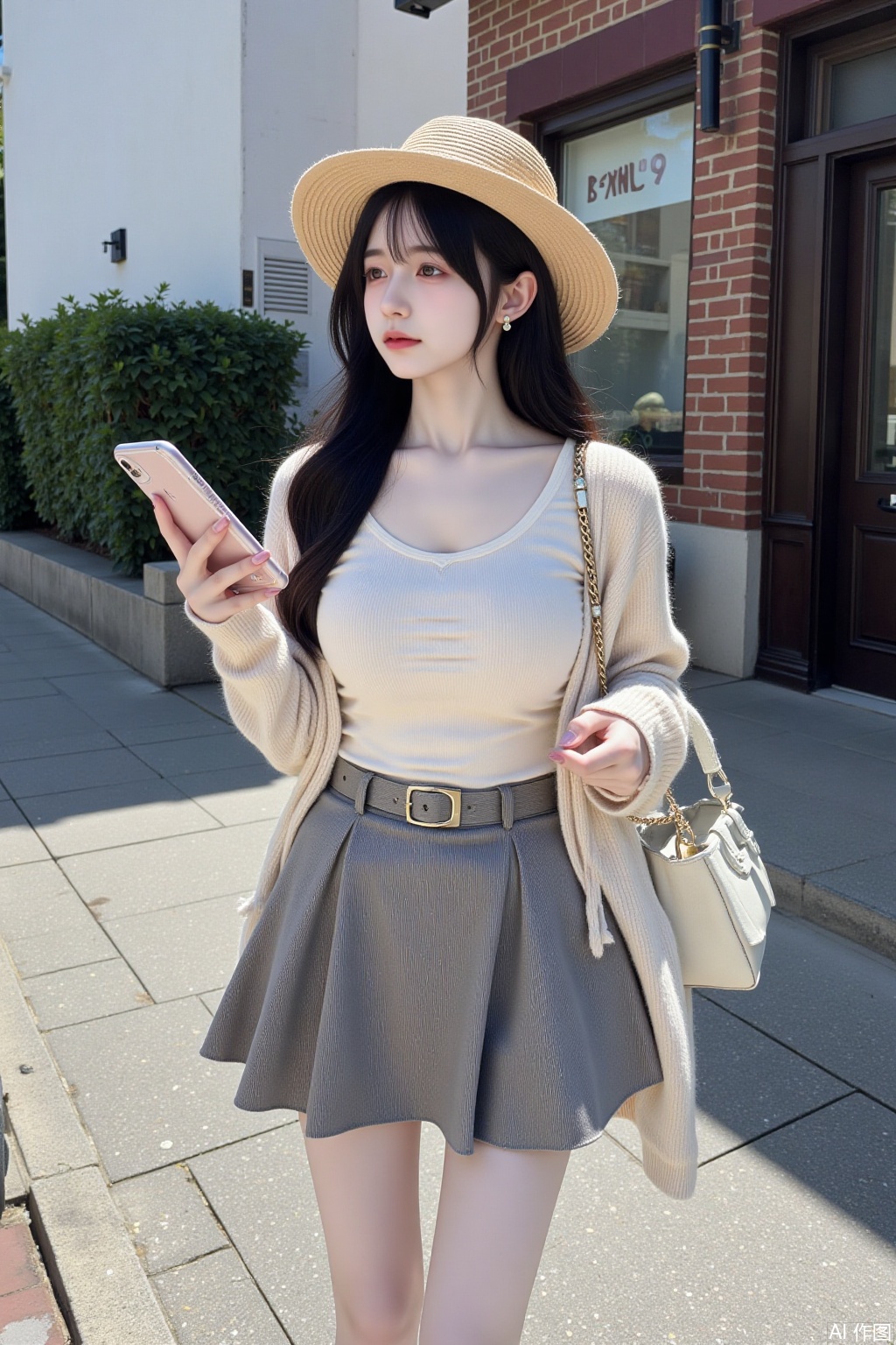 1girl,solo,long hair,skirt,shirt,black hair,hat,navel,holding,jewelry,standing,earrings,outdoors,belt,bag,lips,feet out of frame,phone,cellphone,smartphone,grey skirt,holding phone,handbag,