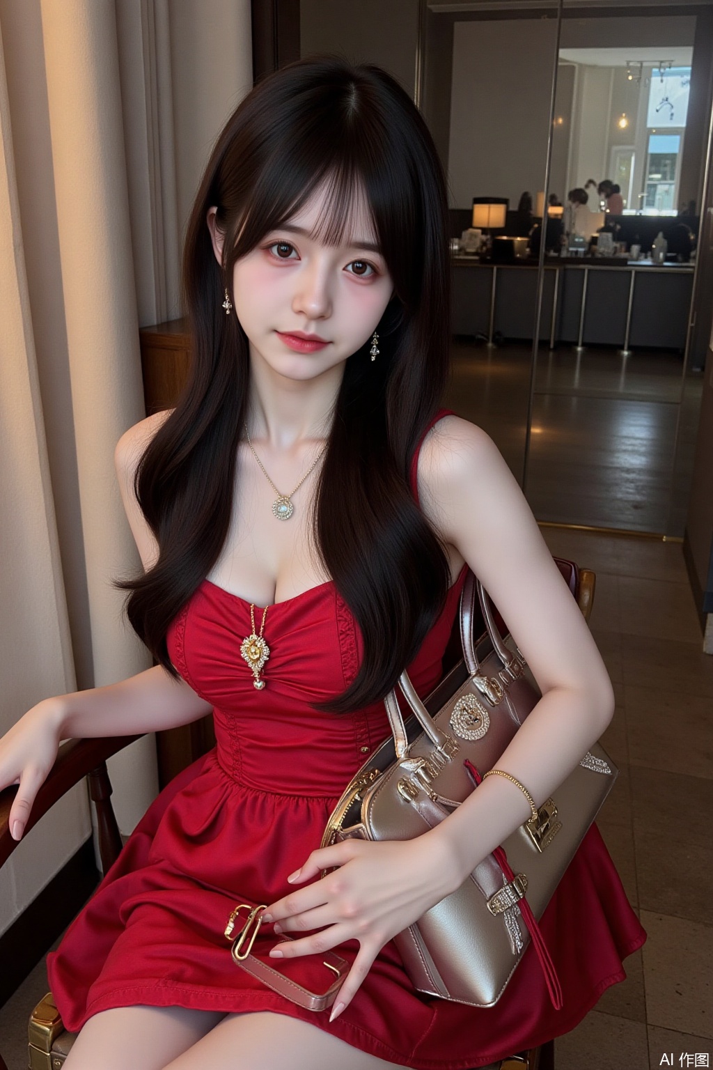 1girl,solo,long hair,looking at viewer,black hair,dress,jewelry,sitting,earrings,bag,black eyes,red dress,handbag