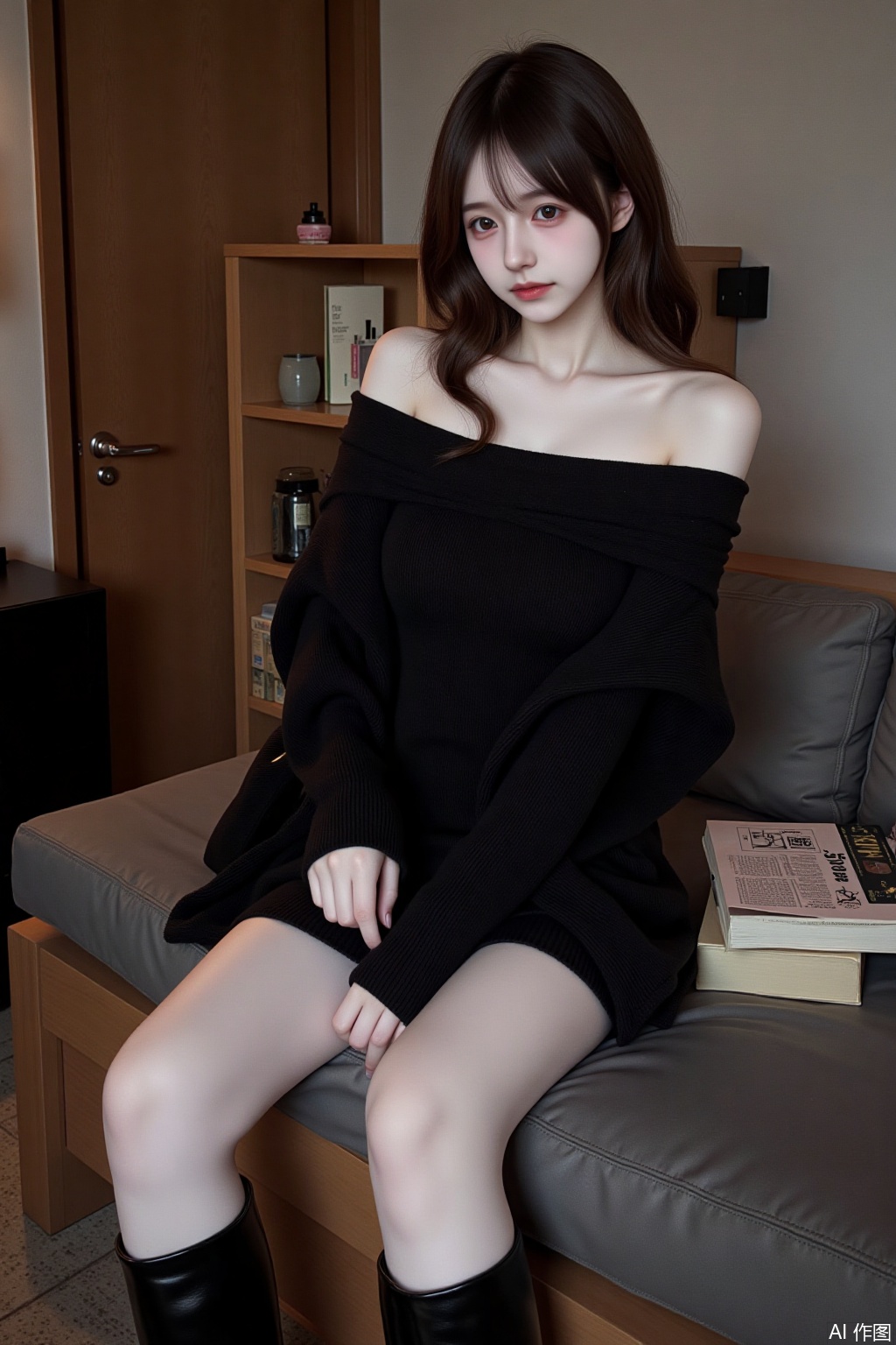 1girl,solo,long hair,looking at viewer,brown hair,long sleeves,dress,bare shoulders,sitting,closed mouth,boots,indoors,off shoulder,black footwear,black dress,sweater,lips,grey eyes,book,wavy hair,knee boots,red lips,black sweater,sweater dress,off-shoulder sweater