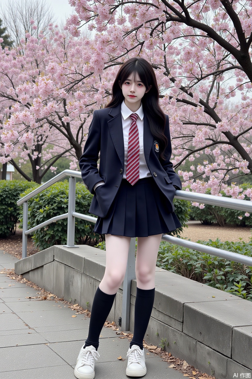 1girl,solo,long hair,looking at viewer,skirt,shirt,black hair,school uniform,standing,jacket,full body,white shirt,pleated skirt,outdoors,necktie,shoes,day,socks,collared shirt,black skirt,tree,kneehighs,blazer,red necktie,cherry blossoms,black socks,sneakers,stairs,railing,striped necktie,