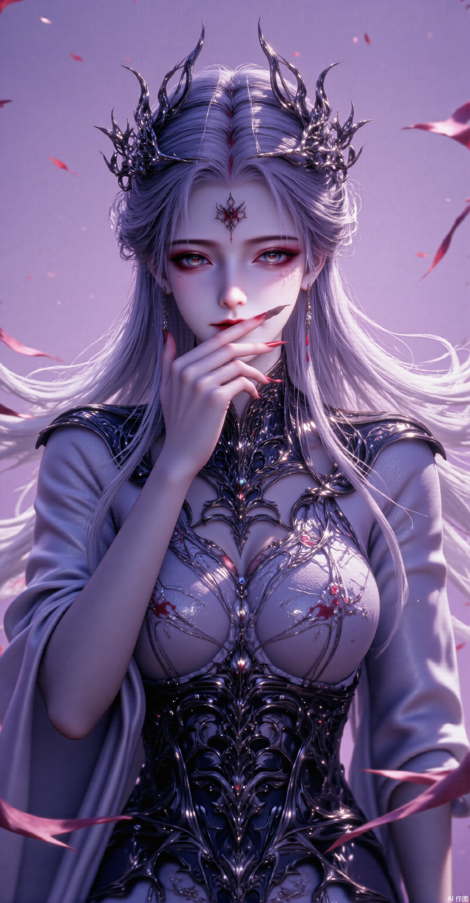 This is a highly detailed digital artwork of a fantastical female character, rendered in a hyper-realistic style. She is a young woman with pale, ethereal skin and long, flowing silver hair that cascades over her shoulders. Her eyes are strikingly bright, with a piercing gaze, and her facial expression is a mix of sorrow and defiance. She wears an ornate, dark-colored, armor-like dress with intricate, Gothic designs and a high collar, which adds to her regal and otherworldly appearance. Her right hand is raised to her face, covering her mouth, as if she is suppressing a scream or hiding a secret. Her left hand is adorned with a delicate, silver bracelet. She is crowned with a black, intricate headdress, resembling antlers or thorns, which adds to her mysterious and dark aura. The background is a soft, muted purple, with a hint of red, creating a surreal and ethereal atmosphere. Text in Chinese is overlaid on the image, adding to the mystique and story behind the character. The overall tone of the artwork is dark and moody, emphasizing the character's tragic and enigmatic nature.