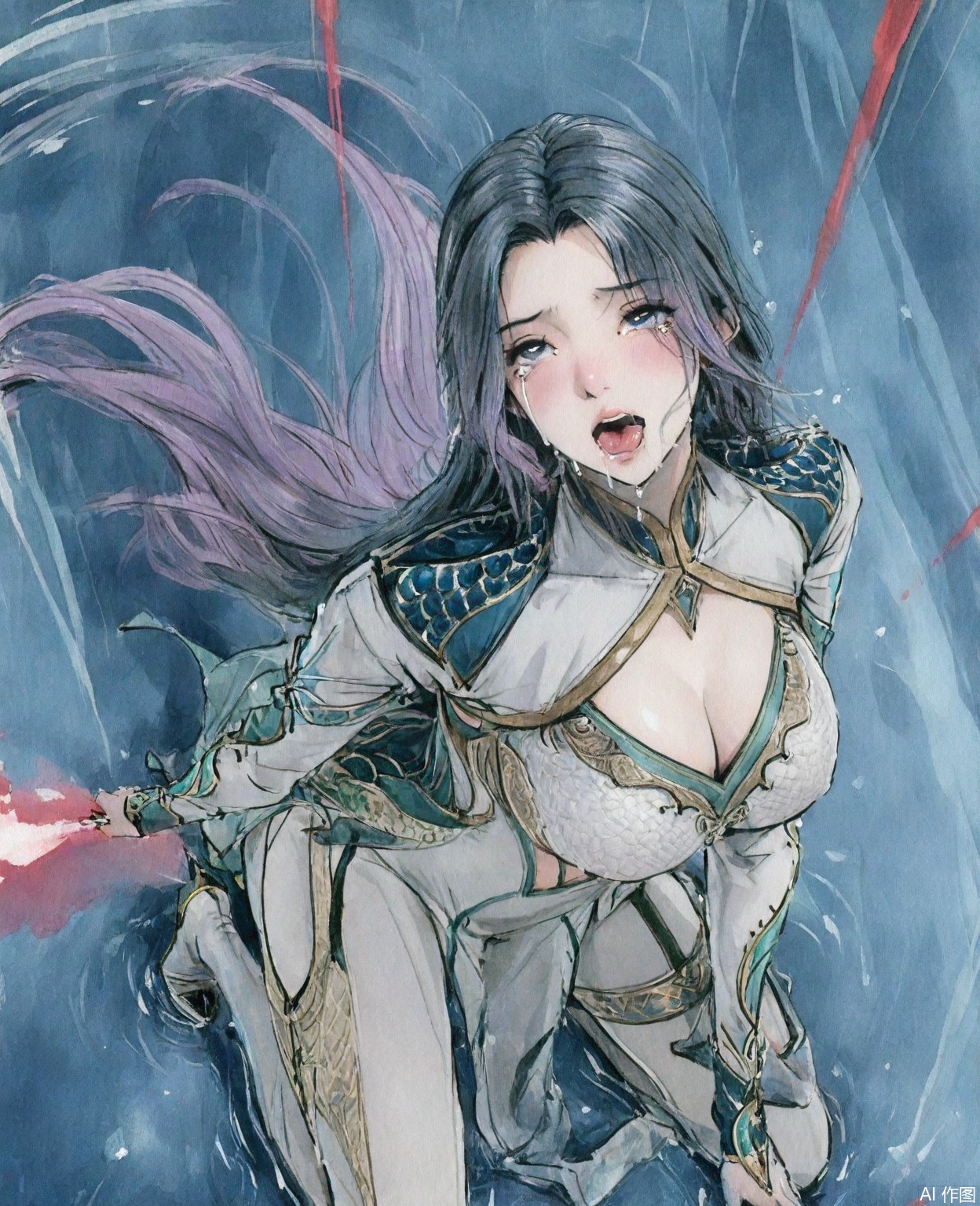 ((very awa)),(solo),highly detailed,(best quality),((masterpiece)),1girl,chi,,ge,,traditional media,painting \(medium\),watercolor \(medium\),looking_at_viewer,large breasts,,wangqiuer,long hair,clothing cutout,rolling_eyes,garter_straps,tears,kneeling,breast,cleavage,navel,tongue_out,ahegao,blush,drooling,