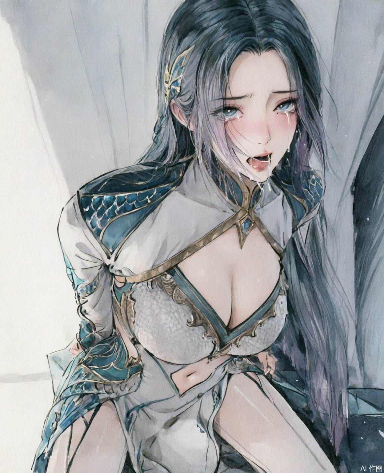 ((very awa)),(solo),highly detailed,(best quality),((masterpiece)),1girl,chi,,ge,,traditional media,painting \(medium\),watercolor \(medium\),looking_at_viewer,large breasts,,wangqiuer,long hair,clothing cutout,rolling_eyes,garter_straps,tears,kneeling,breast,cleavage,navel,tongue_out,ahegao,blush,drooling,
