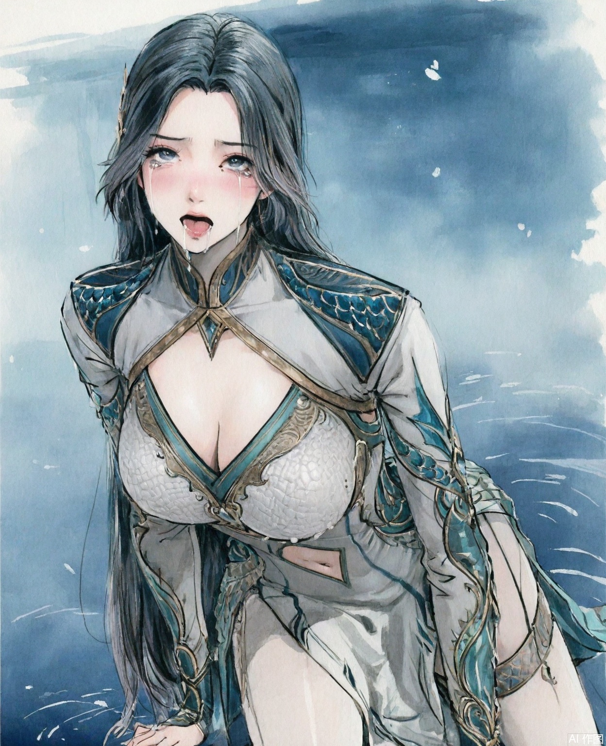((very awa)),(solo),highly detailed,(best quality),((masterpiece)),1girl,chi,,ge,,traditional media,painting \(medium\),watercolor \(medium\),looking_at_viewer,large breasts,,wangqiuer,long hair,clothing cutout,rolling_eyes,garter_straps,tears,kneeling,breast,cleavage,navel,tongue_out,ahegao,blush,drooling,