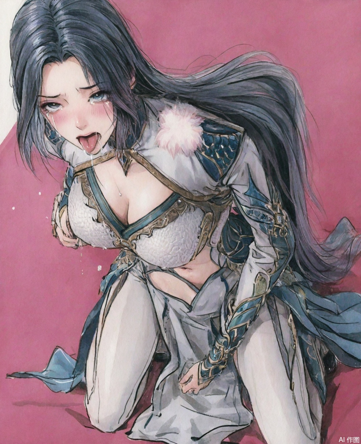 ((very awa)),(solo),highly detailed,(best quality),((masterpiece)),1girl,chi,,ge,,traditional media,painting \(medium\),watercolor \(medium\),looking_at_viewer,large breasts,,wangqiuer,long hair,clothing cutout,rolling_eyes,garter_straps,tears,kneeling,breast,cleavage,navel,tongue_out,ahegao,blush,drooling,