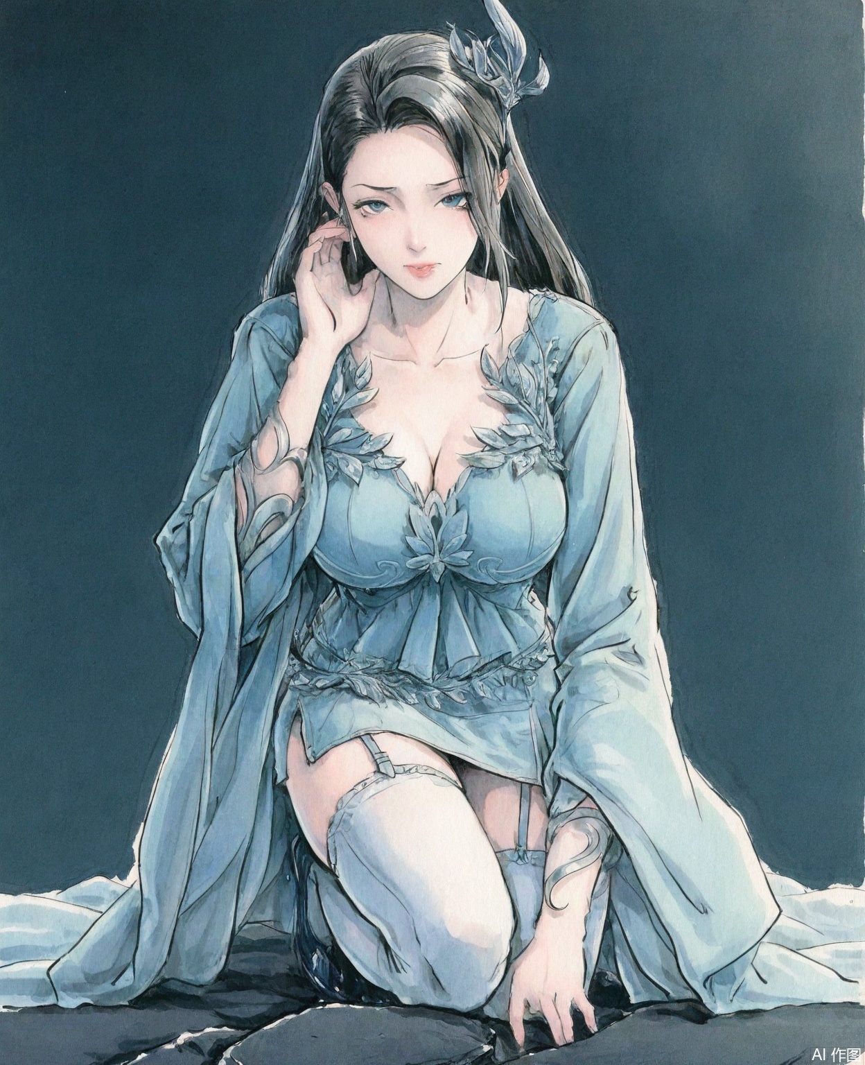 ((very awa)),(solo),highly detailed,(best quality),((masterpiece)),1girl,chi,,ge,,traditional media,painting \(medium\),watercolor \(medium\),looking_at_viewer,large breasts,rolling_eyes,garter_straps,kneeling,breast,