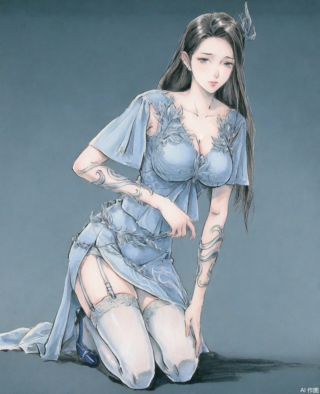 ((very awa)),(solo),highly detailed,(best quality),((masterpiece)),1girl,chi,,ge,,traditional media,painting \(medium\),watercolor \(medium\),looking_at_viewer,large breasts,rolling_eyes,garter_straps,kneeling,breast,
