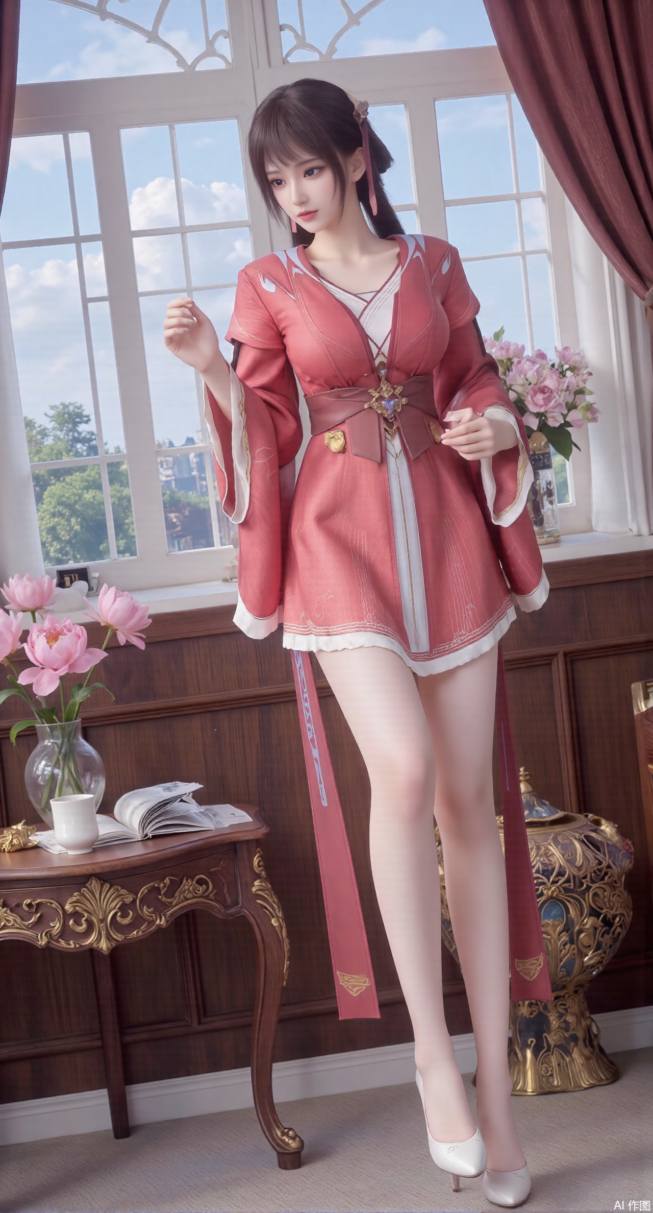  (masterpiece:1.2),best quality,Ultra clear, wallpaper, 8k, masterpiece, 1girl, solo, long hair, breasts, looking at viewer, bangs, large breasts,long dress,, bare shoulders, jewelry, black hair, standing, purple eyes, full body, flower, thighs, indoors, hair bun, long dress, high heels, cup, see-through, book, bare legs, window, table, white footwear, standing on one leg, curtains, pink flower, side slit, vase, ,(huge breasts:2.99),(full breasts:2.99),(pink lotus flowers:1.39),,Xanmiaoyi,Xyunwangshu,XlishaoyinY,Xbaixue,XanmiaoyiY,Xxiuqiuhua,XbaiyuerongY,XyunyunX,XqingnvzongZM,Xjuzi,Xshangguanweier,XanmiaoyiXY,XyunyunXY,Xjiangziyue,Xmeining,Xweinina,Xlenhuan,Xbabata,Xhuajin,Xjiangbilan,XbaihehuaiX,Xfuxinyun,Xhumeier,XhewanyuzhiyaoY,XlimuwanBF