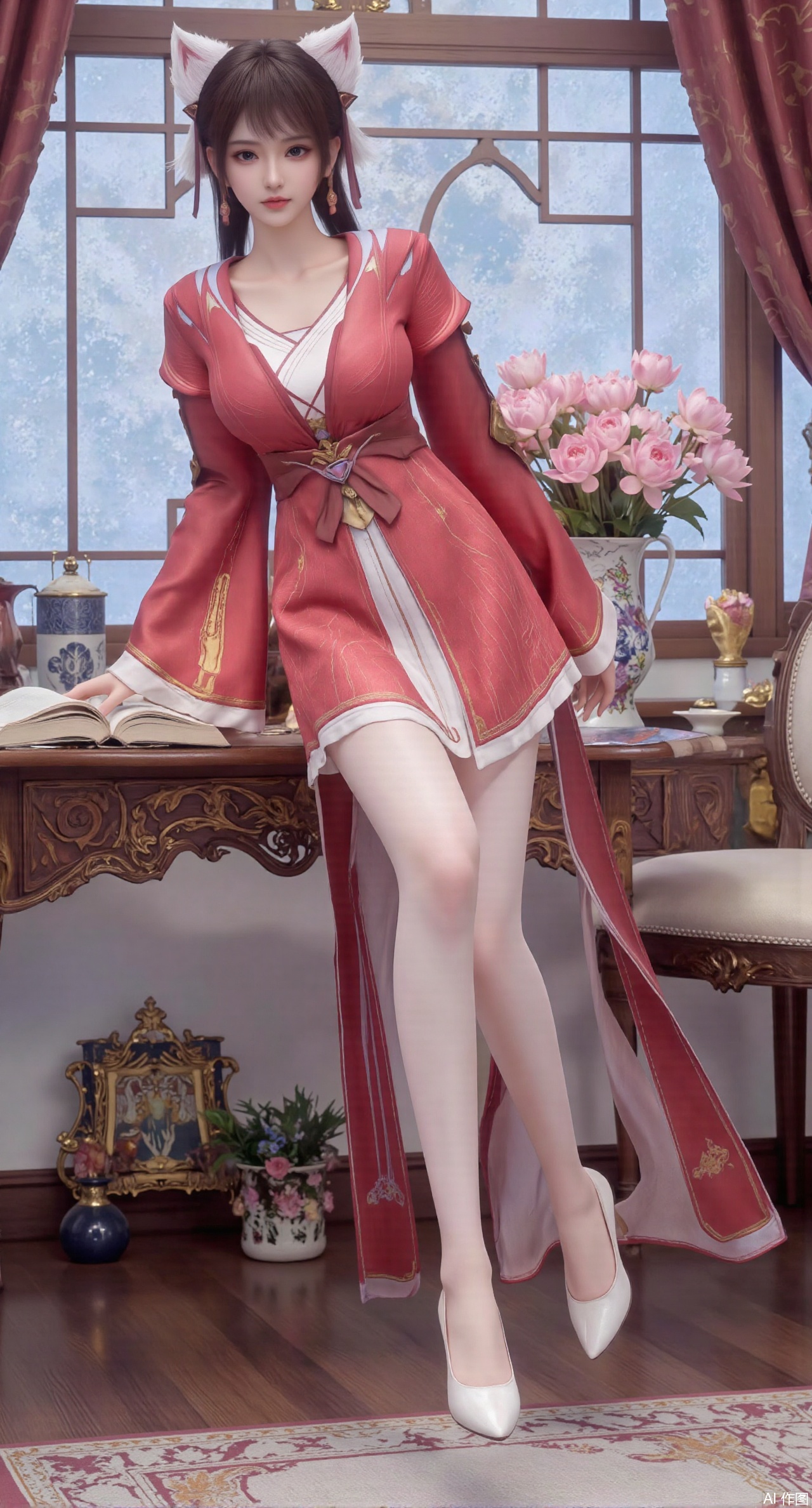  (masterpiece:1.2),best quality,Ultra clear, wallpaper, 8k, masterpiece, 1girl, solo, long hair, breasts, looking at viewer, bangs, large breasts,long dress,, bare shoulders, jewelry, black hair, standing, purple eyes, full body, flower, thighs, indoors, hair bun, long dress, high heels, cup, see-through, book, bare legs, window, table, white footwear, standing on one leg, curtains, pink flower, side slit, vase, ,(huge breasts:2.99),(full breasts:2.99),(pink lotus flowers:1.39),,Xanmiaoyi,Xyunwangshu,XlishaoyinY,Xbaixue,XanmiaoyiY,Xxiuqiuhua,XbaiyuerongY,XyunyunX,XqingnvzongZM,Xjuzi,Xshangguanweier,XanmiaoyiXY,XyunyunXY,Xjiangziyue,Xmeining,Xweinina,Xlenhuan,Xbabata,Xhuajin,Xjiangbilan,XbaihehuaiX,Xfuxinyun,Xhumeier,XhewanyuzhiyaoY,XlimuwanBF