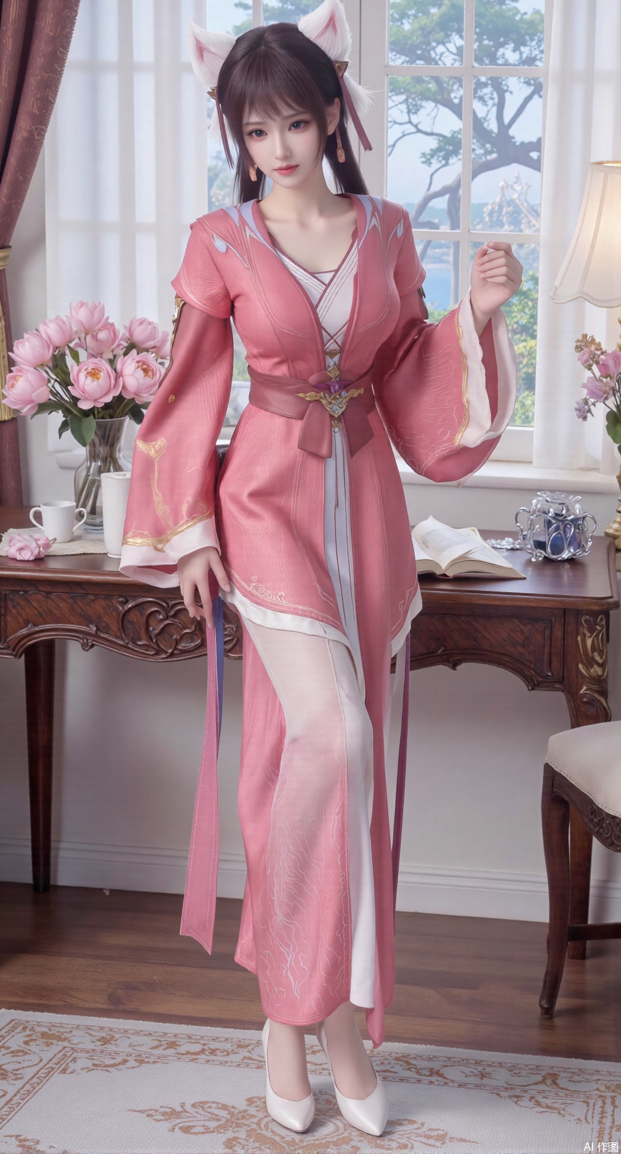  (masterpiece:1.2),best quality,Ultra clear, wallpaper, 8k, masterpiece, 1girl, solo, long hair, breasts, looking at viewer, bangs, large breasts,long dress,, bare shoulders, jewelry, black hair, standing, purple eyes, full body, flower, thighs, indoors, hair bun, long dress, high heels, cup, see-through, book, bare legs, window, table, white footwear, standing on one leg, curtains, pink flower, side slit, vase, ,(huge breasts:2.99),(full breasts:2.99),(pink lotus flowers:1.39),,Xanmiaoyi,Xyunwangshu,XlishaoyinY,Xbaixue,XanmiaoyiY,Xxiuqiuhua,XbaiyuerongY,XyunyunX,XqingnvzongZM,Xjuzi,Xshangguanweier,XanmiaoyiXY,XyunyunXY,Xjiangziyue,Xmeining,Xweinina,Xlenhuan,Xbabata,Xhuajin,Xjiangbilan,XbaihehuaiX,Xfuxinyun,Xhumeier,XhewanyuzhiyaoY,XlimuwanBF