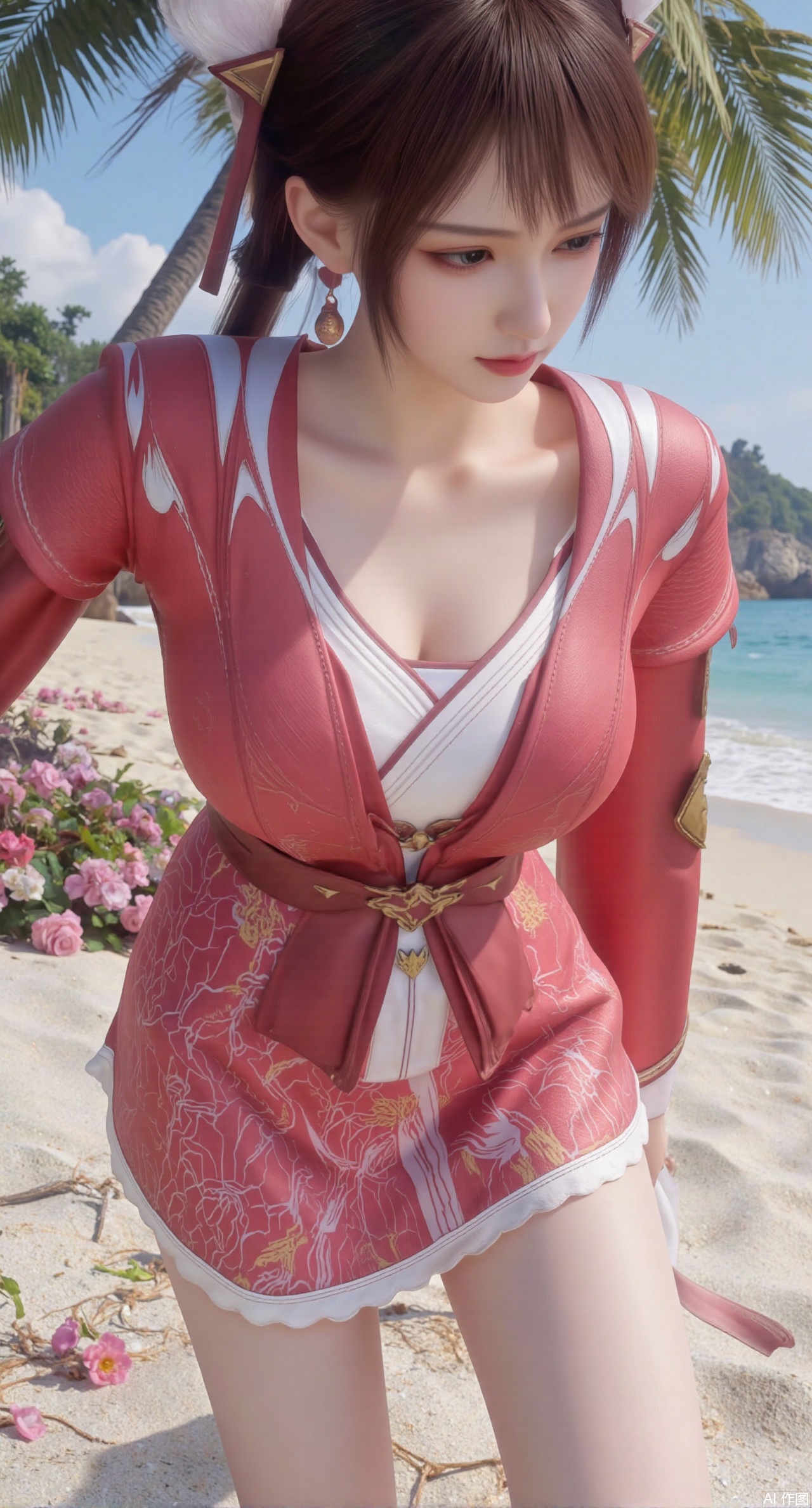 (masterpiece:1.2),best quality,absurdres,masterpiece,original,extremely detailed wallpaper,perfect lighting,Golden sandy beach covered with vibrant flowers, turquoise waves gently lapping the shore, , bright flower clusters spreading from sand to palm tree roots, soft natural light filtering through coconut leaves, ocean breeze lifting hair and qipao hem, high-resolution details showcasing petal textures and silk fabric sheen, ultra-wide angle lens capturing coastline panorama, cinematic color grading with soft focus on the central figure,(huge breasts:2.99),(full breasts:2.99),(pink rose flowers:1.59),