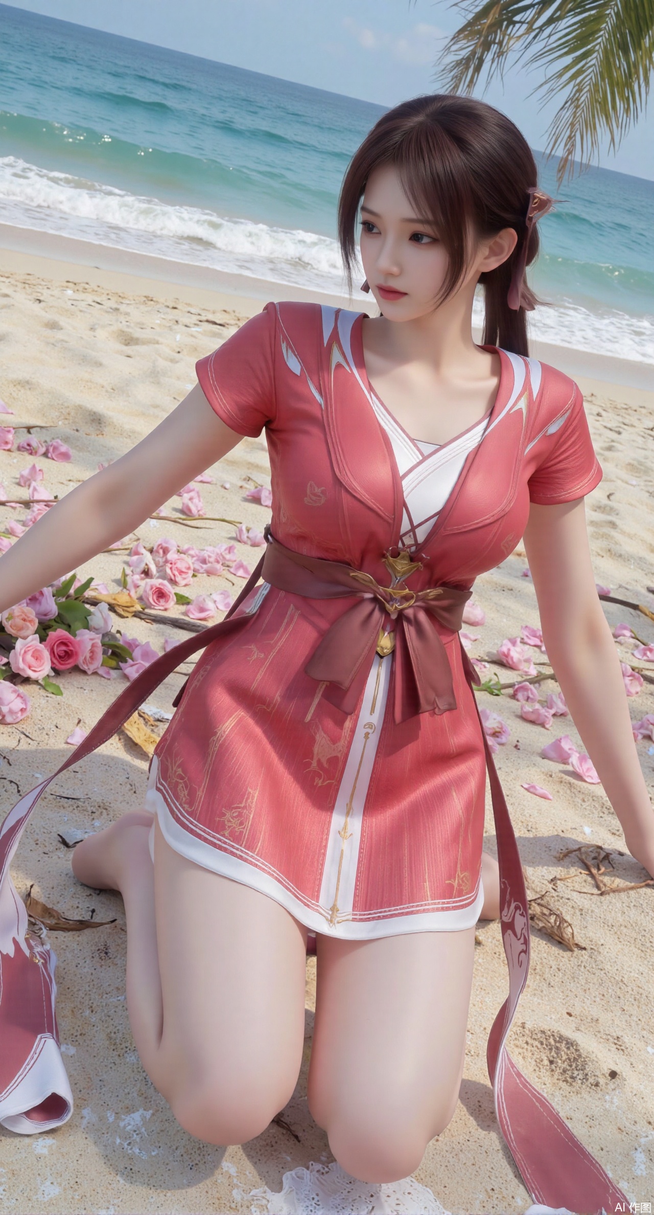 (masterpiece:1.2),best quality,absurdres,masterpiece,original,extremely detailed wallpaper,perfect lighting,Golden sandy beach covered with vibrant flowers, turquoise waves gently lapping the shore, , bright flower clusters spreading from sand to palm tree roots, soft natural light filtering through coconut leaves, ocean breeze lifting hair and qipao hem, high-resolution details showcasing petal textures and silk fabric sheen, ultra-wide angle lens capturing coastline panorama, cinematic color grading with soft focus on the central figure,(huge breasts:2.99),(full breasts:2.99),(pink rose flowers:1.59),