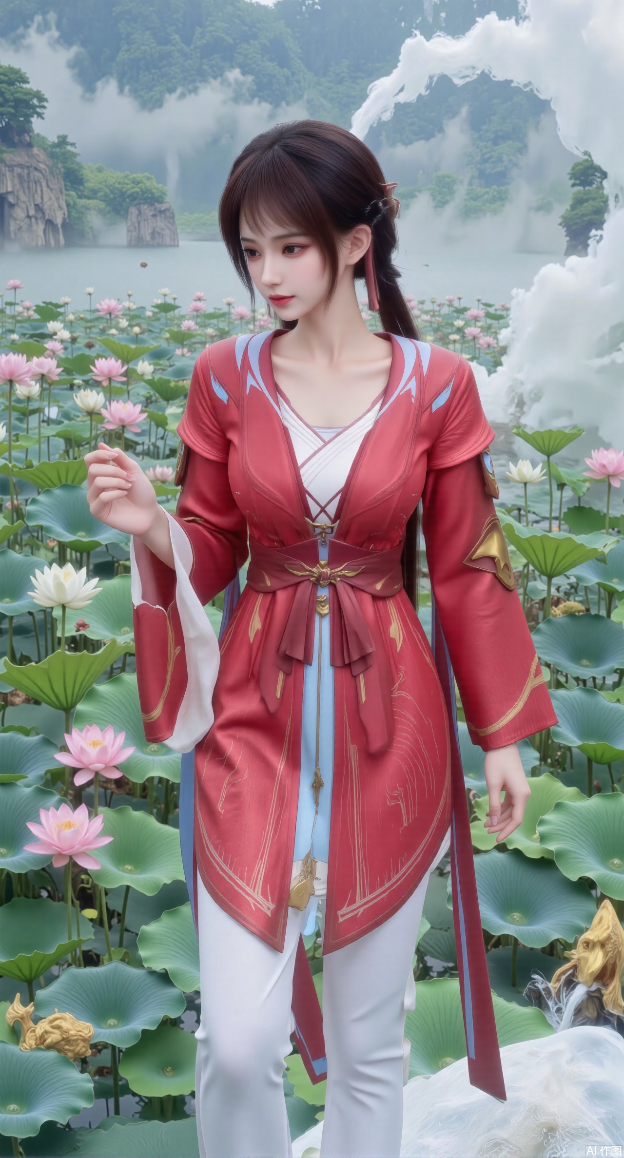  (masterpiece, best quality:1.2),A celestial maiden in Hanfu stands on a cloud, ethereal silk robes fluttering in the wind, swirling sea of clouds beneath her feet, (background reveals the emerald lotus pond of Penglai Wonderland with blooming pink-white lotuses:1.29), golden koi fish swimming in translucent water, soft morning light piercing through mist, ultra HD rendering showcases intricate embroidery on Hanfu, 8K detail captures dewdrops on lotus petals, dynamic lighting effects emphasize swirling mist movement, panoramic composition creates ethereal celestial atmosphere,(huge breasts:2.99),(full breasts:2.99),Xyuenanaodai,XzhihuaX,Xleidianjiangjun,Xxianingshuang
