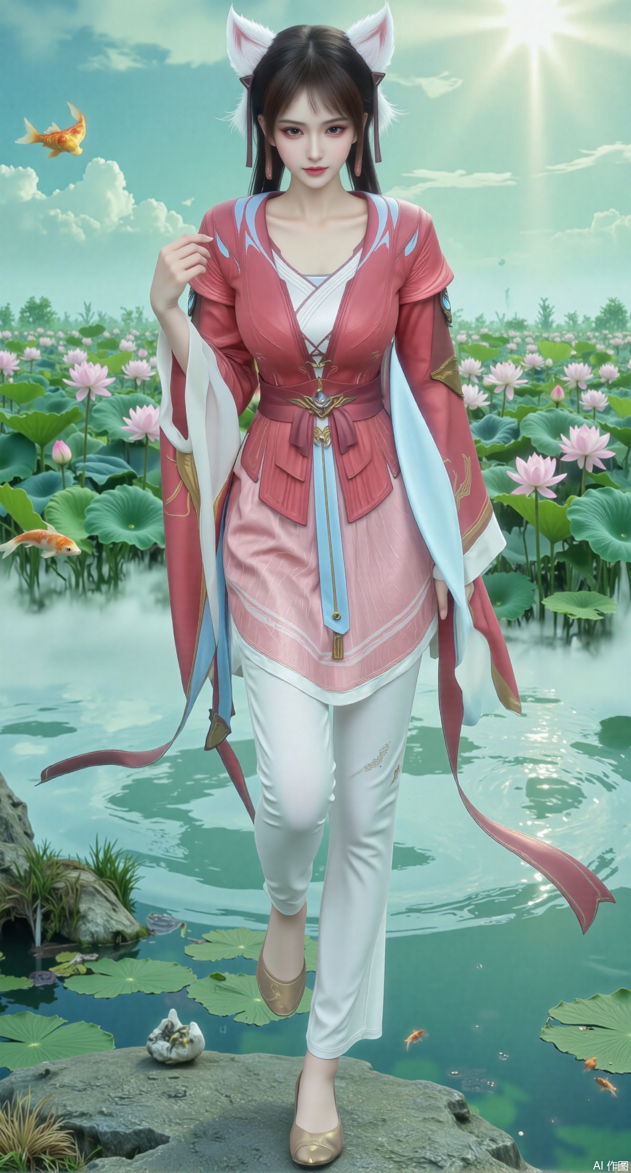  (masterpiece, best quality:1.2),A celestial maiden in Hanfu stands on a cloud, ethereal silk robes fluttering in the wind, swirling sea of clouds beneath her feet, (background reveals the emerald lotus pond of Penglai Wonderland with blooming pink-white lotuses:1.29), golden koi fish swimming in translucent water, soft morning light piercing through mist, ultra HD rendering showcases intricate embroidery on Hanfu, 8K detail captures dewdrops on lotus petals, dynamic lighting effects emphasize swirling mist movement, panoramic composition creates ethereal celestial atmosphere,(huge breasts:2.99),(full breasts:2.99),Xyuenanaodai,XzhihuaX,Xleidianjiangjun,Xxianingshuang