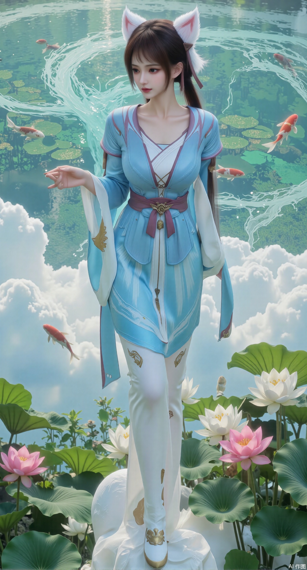  (masterpiece, best quality:1.2),A celestial maiden in Hanfu stands on a cloud, ethereal silk robes fluttering in the wind, swirling sea of clouds beneath her feet, (background reveals the emerald lotus pond of Penglai Wonderland with blooming pink-white lotuses:1.29), golden koi fish swimming in translucent water, soft morning light piercing through mist, ultra HD rendering showcases intricate embroidery on Hanfu, 8K detail captures dewdrops on lotus petals, dynamic lighting effects emphasize swirling mist movement, panoramic composition creates ethereal celestial atmosphere,(huge breasts:2.99),(full breasts:2.99),Xyuenanaodai,XzhihuaX,Xleidianjiangjun,Xxianingshuang