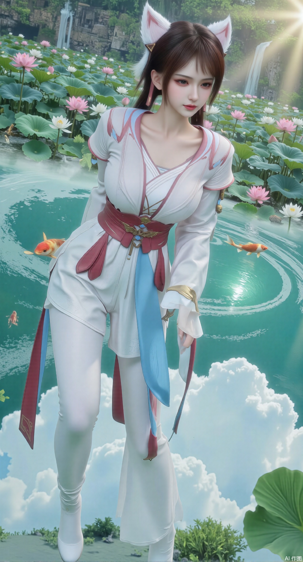  (masterpiece, best quality:1.2),A celestial maiden in Hanfu stands on a cloud, ethereal silk robes fluttering in the wind, swirling sea of clouds beneath her feet, (background reveals the emerald lotus pond of Penglai Wonderland with blooming pink-white lotuses:1.29), golden koi fish swimming in translucent water, soft morning light piercing through mist, ultra HD rendering showcases intricate embroidery on Hanfu, 8K detail captures dewdrops on lotus petals, dynamic lighting effects emphasize swirling mist movement, panoramic composition creates ethereal celestial atmosphere,(huge breasts:2.99),(full breasts:2.99),Xyuenanaodai,XzhihuaX,Xleidianjiangjun,Xxianingshuang