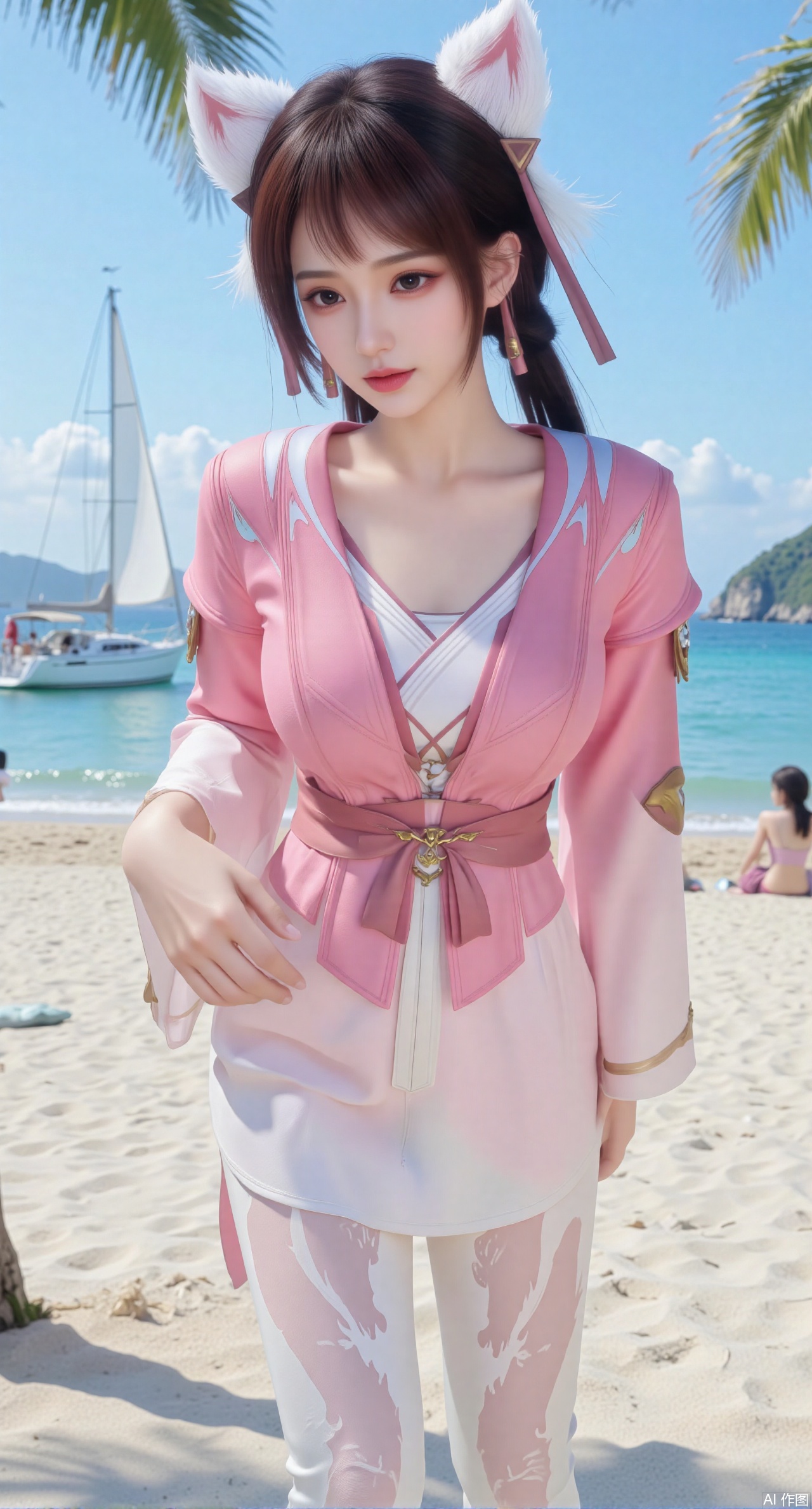 (masterpiece:1.2),best quality,absurdres,masterpiece,original,extremely detailed wallpaper,perfect lighting,1girl,solo,looking at viewer,(cowboy_shot:1.3),short hair,high heels,blurry background,depth of field,motion blur,crystal_earrings,headpiece,in summer,day,outdoors,nature,(standing,Seaside, beach, sailboat, coconut trees:1.59),(huge breasts:2.99),(full breasts:2.99),Xyuenanaodai,XzhihuaX,Xleidianjiangjun,Xxianingshuang