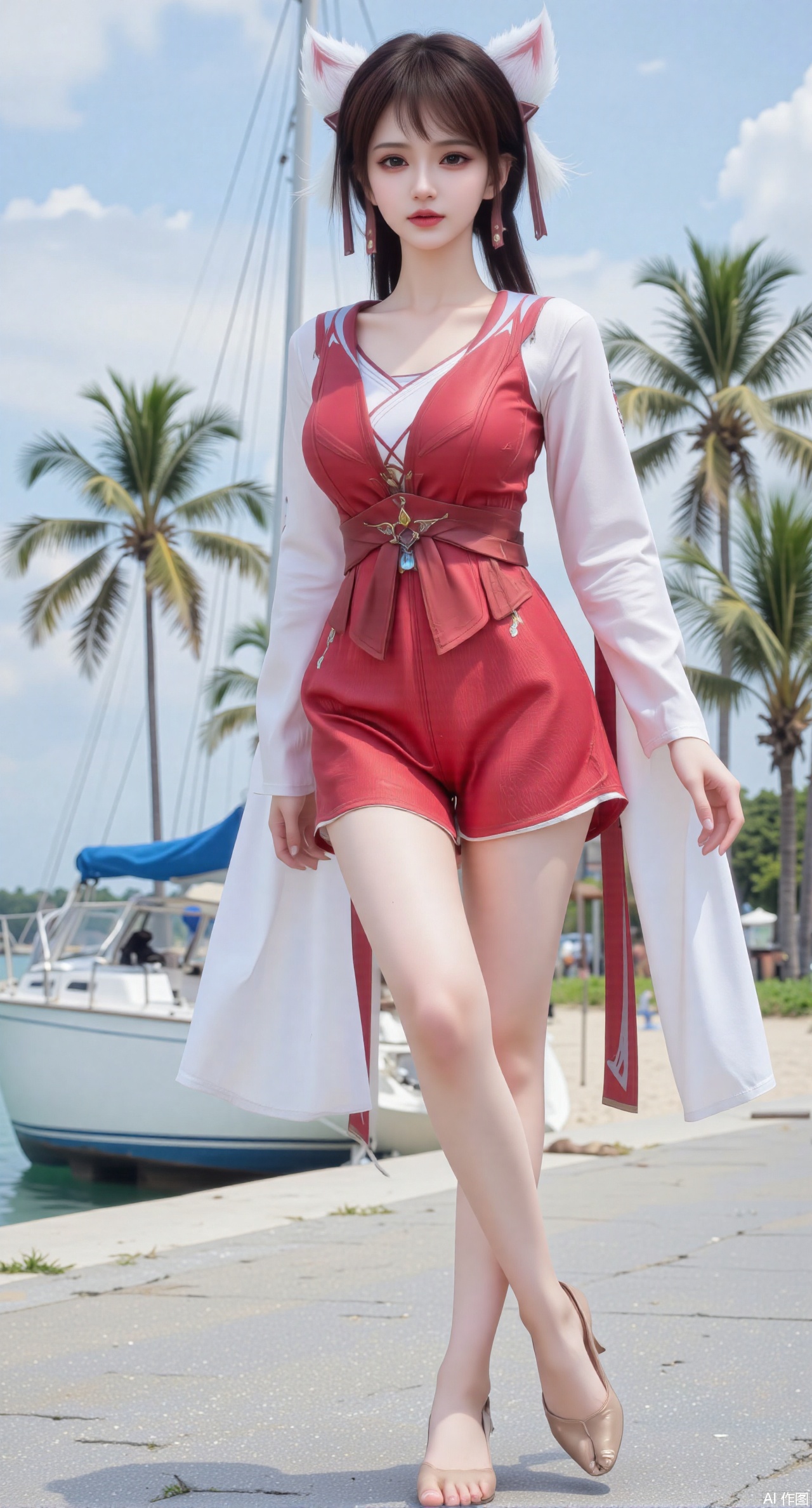 (masterpiece:1.2),best quality,absurdres,masterpiece,original,extremely detailed wallpaper,perfect lighting,1girl,solo,looking at viewer,(cowboy_shot:1.3),short hair,high heels,blurry background,depth of field,motion blur,crystal_earrings,headpiece,in summer,day,outdoors,nature,(standing,Seaside, beach, sailboat, coconut trees:1.59),(huge breasts:2.99),(full breasts:2.99),Xyuenanaodai,XzhihuaX,Xleidianjiangjun,Xxianingshuang