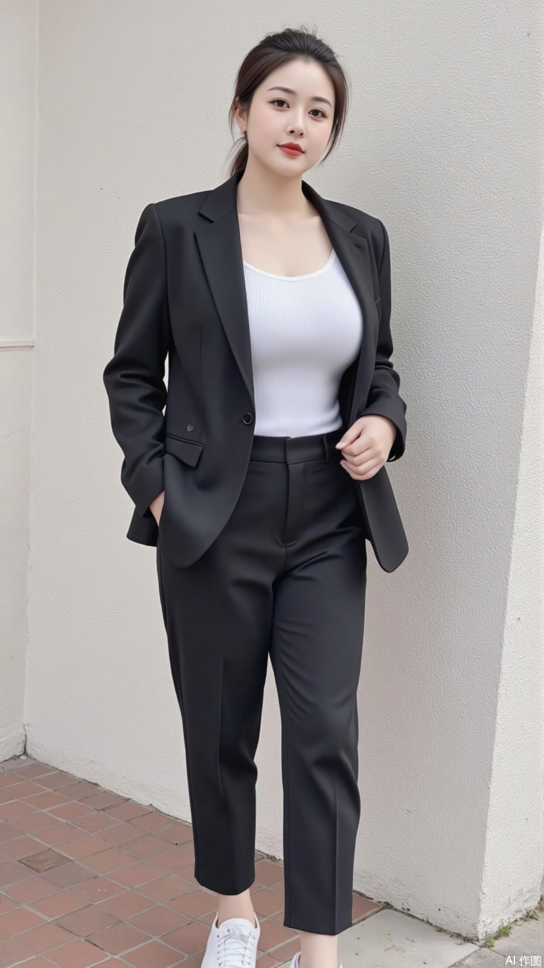 For modern outfits, it is recommended to pair an oversized suit jacket with high-waisted wide-leg pants to create a capable and neat image of a slightly fat goddess in the workplace; or use an oversize sweater and a short skirt to show a lazy and casual casual style, use the length and short combination to highlight the sense of layering and weaken the body's shortcomings.