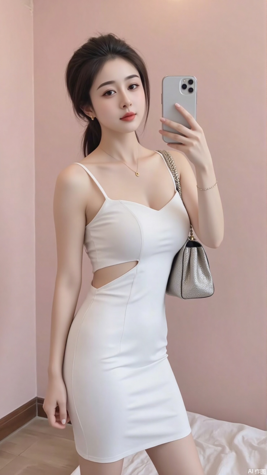 beautiful young girl,his is a high-resolution photograph featuring a young Asian woman standing indoors,likely in a bedroom or a similarly intimate setting. She has a slender physique with a petite frame and fair skin. Her long,dark hair is styled in a sleek,high ponytail,with a few loose strands framing her face. She wears a form-fitting,sleeveless white dress that accentuates her slim waist and curves. The dress has a unique design with a single,large cutout on the left shoulder,revealing part of her shoulder and upper arm. She accessorizes with a delicate gold necklace and a matching bracelet on her left wrist. In her right hand,she holds a silver smartphone,taking a mirror selfie. Her expression is neutral,with slightly parted lips and a focused gaze on the phone. She carries a metallic,textured handbag with a silver chain strap over her left shoulder. The background is a pink wall,cozy ambiance to the scene. The overall composition is modern and stylish,with an emphasis on the subject's youthful and chic appearance,