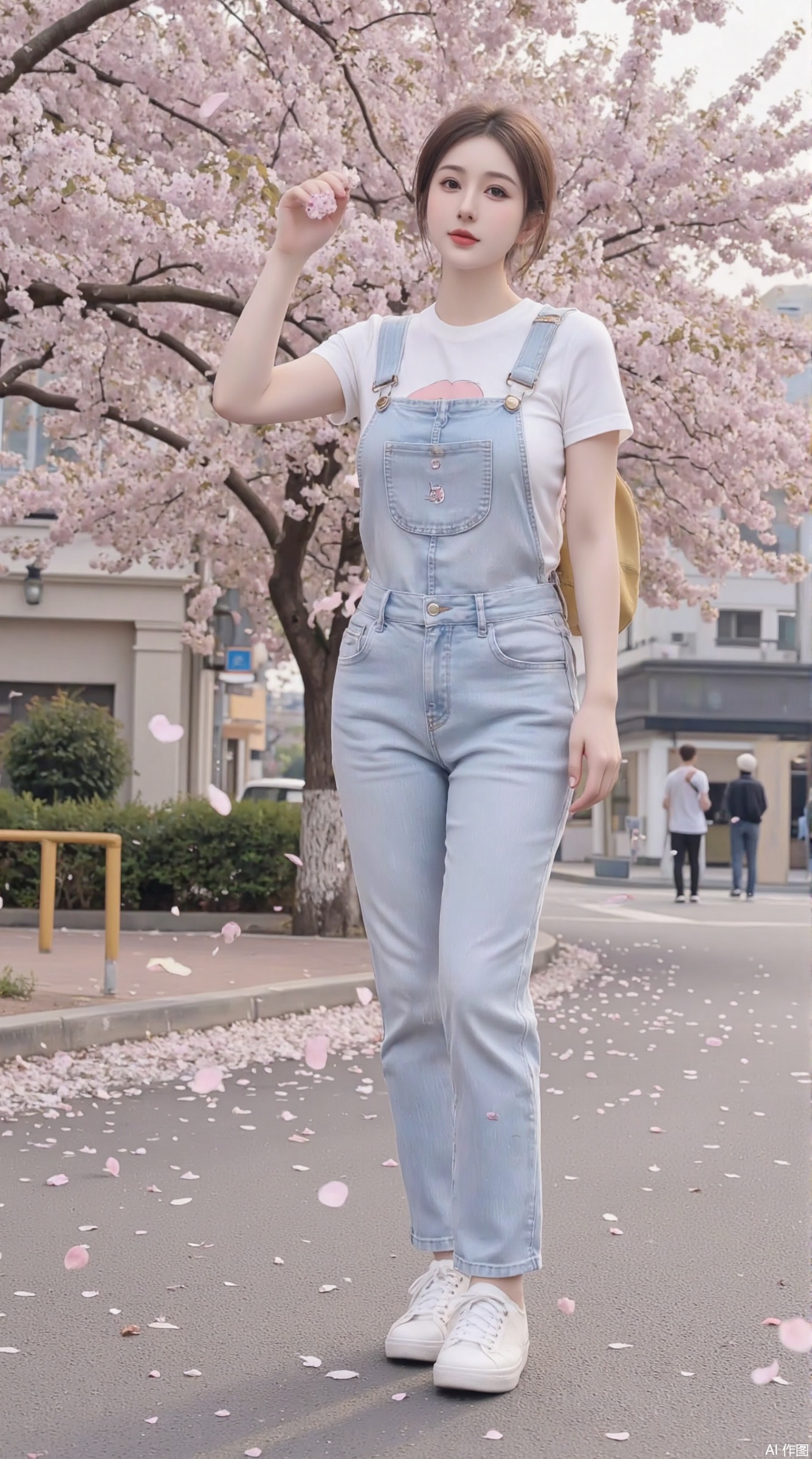 A slightly fat girl with shoulder-length short hair, with a round face and cute dimples. She was wearing a white short-sleeved T-shirt with a pink cartoon pattern on it, paired with light blue overalls, a pair of white sneakers and a yellow backpack on her feet. She stood on a street full of cherry blossom trees, with cherry blossoms falling one after another, and a layer of pink petals were covered with. The girl looked up at the falling cherry blossoms, her eyes full of surprise and happiness. The tones of the picture are fresh and soft, mainly pink and white, creating a romantic and sweet atmosphere.