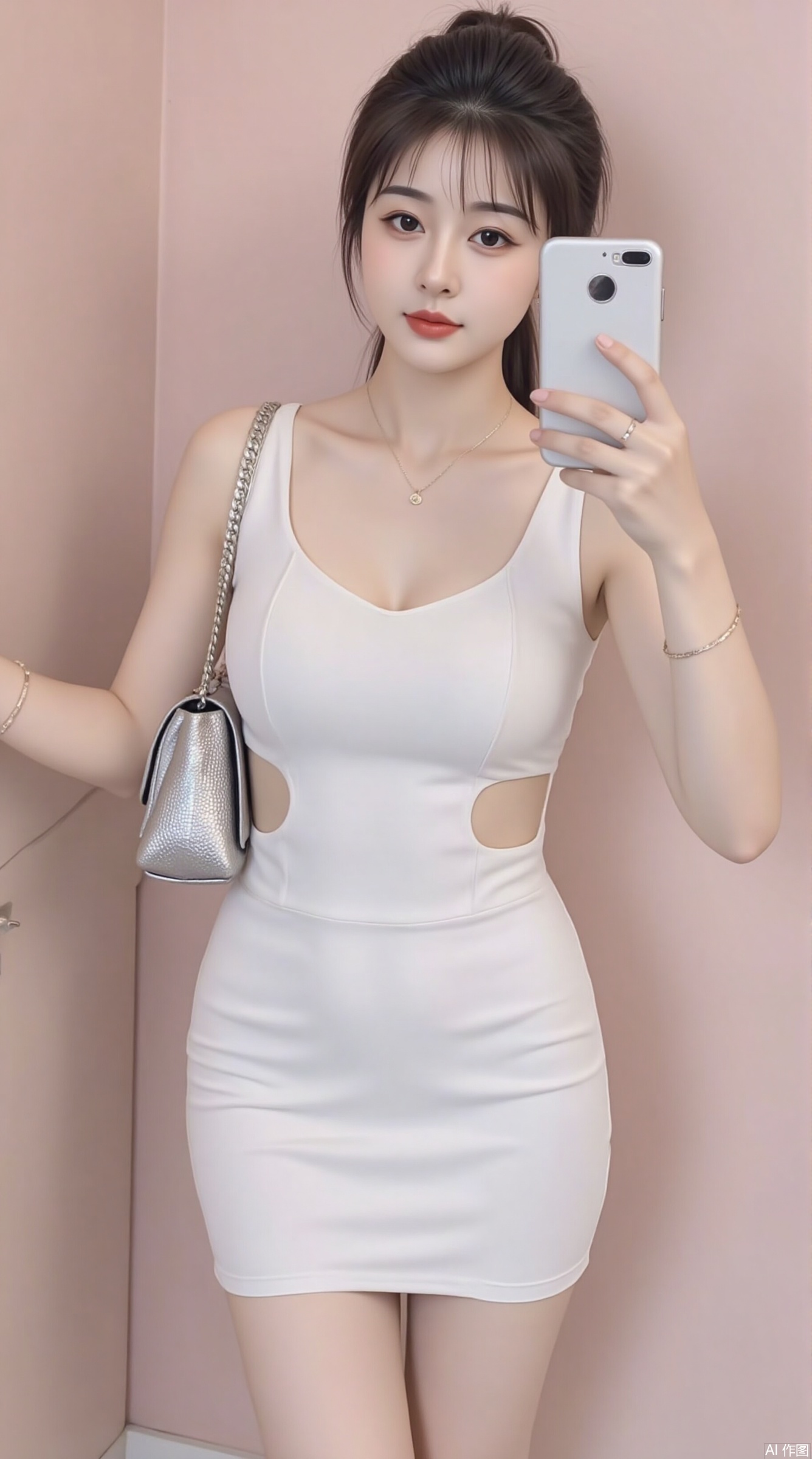 beautiful young girl,his is a high-resolution photograph featuring a young Asian woman standing indoors,likely in a bedroom or a similarly intimate setting. She has a slender physique with a petite frame and fair skin. Her long,dark hair is styled in a sleek,high ponytail,with a few loose strands framing her face. She wears a form-fitting,sleeveless white dress that accentuates her slim waist and curves. The dress has a unique design with a single,large cutout on the left shoulder,revealing part of her shoulder and upper arm. She accessorizes with a delicate gold necklace and a matching bracelet on her left wrist. In her right hand,she holds a silver smartphone,taking a mirror selfie. Her expression is neutral,with slightly parted lips and a focused gaze on the phone. She carries a metallic,textured handbag with a silver chain strap over her left shoulder. The background is a pink wall,cozy ambiance to the scene. The overall composition is modern and stylish,with an emphasis on the subject's youthful and chic appearance,