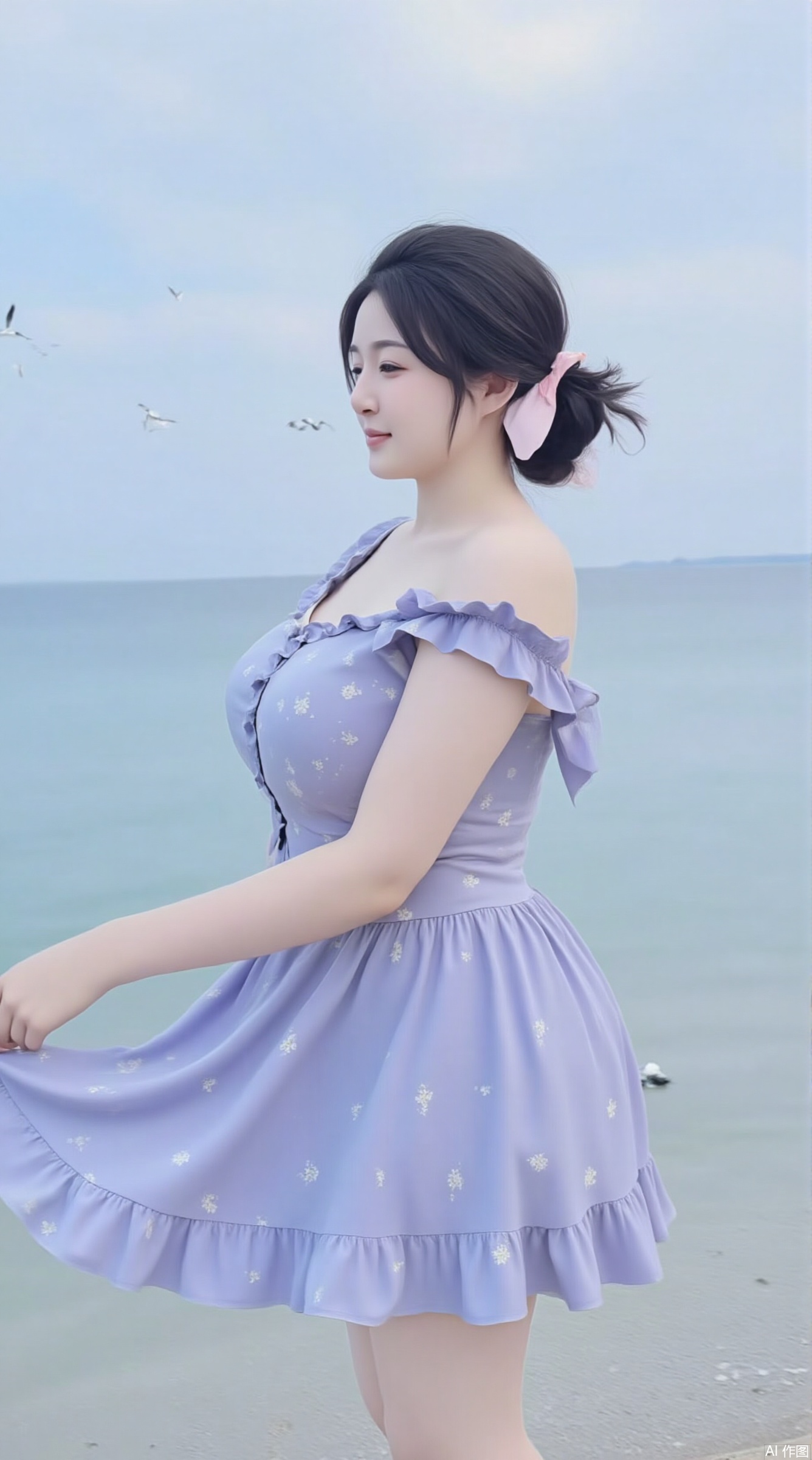 There is a slightly fat Japanese girl with two low ponytails and two pink bow-tie hair accessories on her head. She was wearing a lilac dress with small white floral patterns on the skirt and the hem of the skirt was designed with ruffles. She stood by the sea, the sea breeze gently blew her hair and skirt, and she looked at the sea with a smile, her eyes full of yearning for the sea. In the distance is the blue sea and the sky, and there are several seagulls flying on the sea surface. The picture is simple and fresh, with blue and purple as the main colors, giving people a sense of tranquility and comfort.