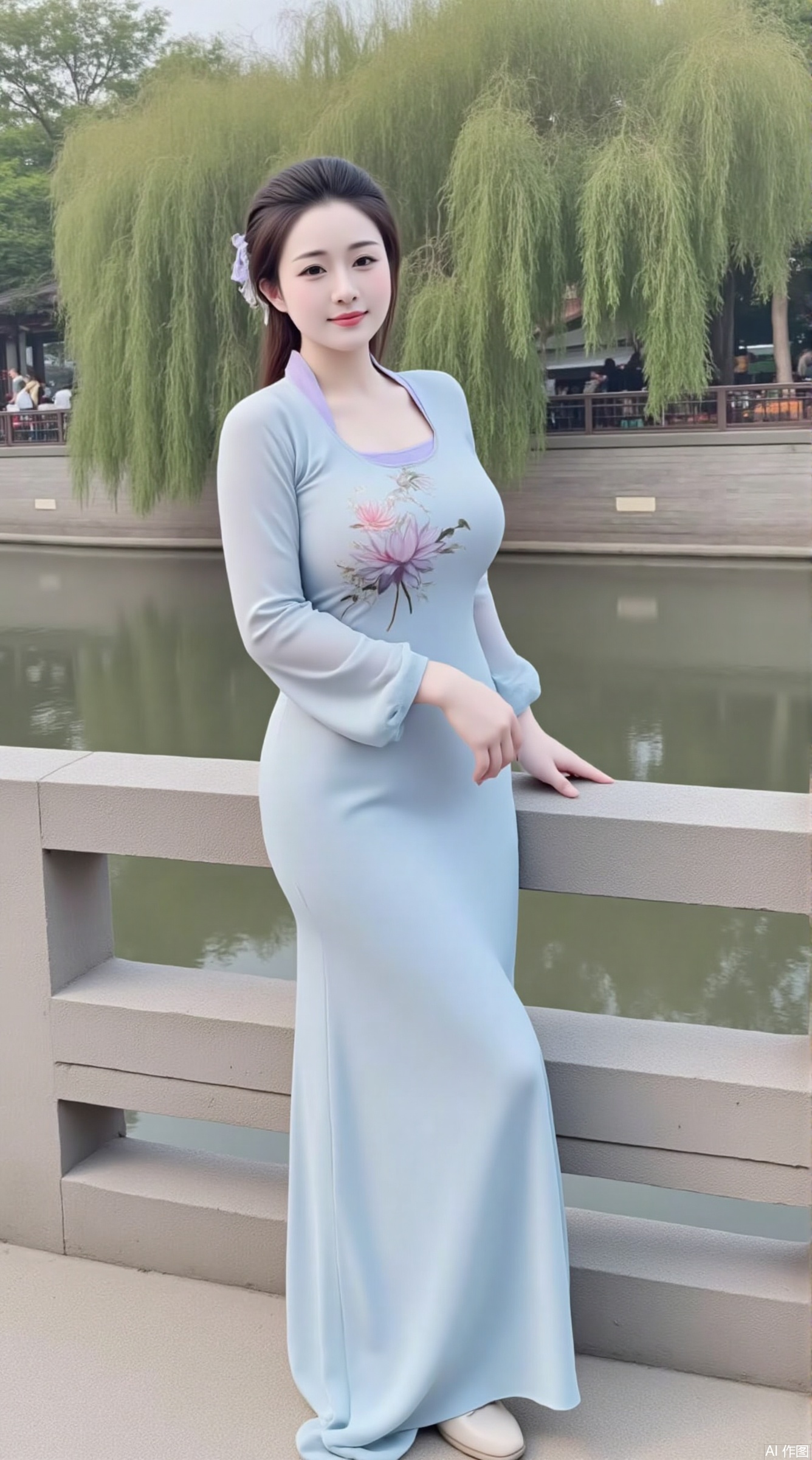 The picture shows a slightly fat woman from Jiangnan water town, wearing a light blue cheongsam with a lotus pattern in an elegant ink painting style. She had long, soft hair, tied with a lilac ribbon. She stood on an ancient stone bridge, with gurgling water under the bridge and weeping willows swaying by the river. The woman smiled and had a gentle look, as if she was enjoying the beautiful scenery around her. The entire picture creates a quiet and elegant atmosphere with a strong Jiangnan water town style.