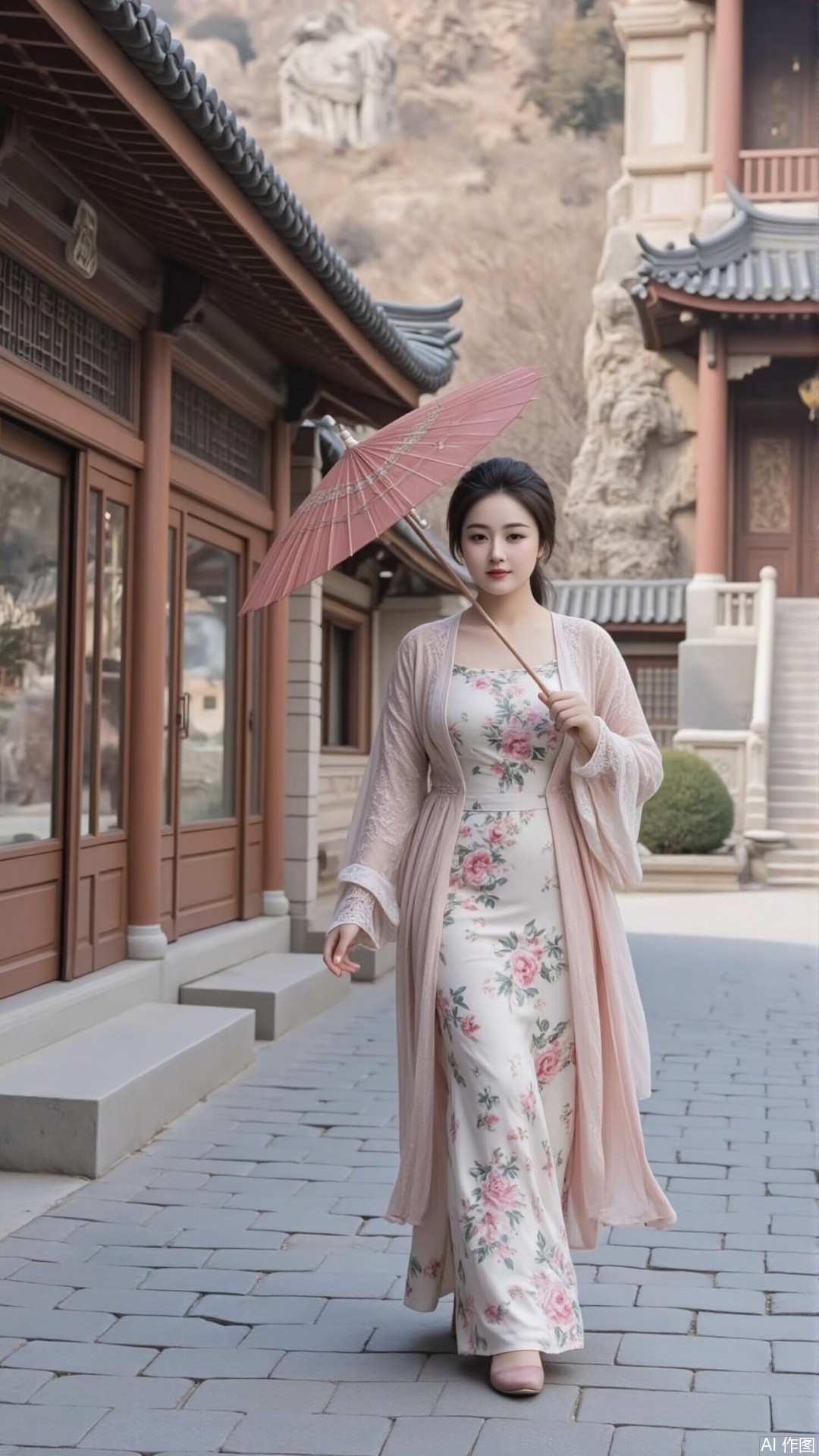 In ancient style backgrounds such as Jiangnan Gardens and Dunhuang Grottoes, the slightly fat goddess strolls on the bluestone road with an oil paper umbrella, or sits quietly in front of the Buddha cave and gently plucks the pipa. The landscapes, eaves, and murals in the background echo the characters, and strengthens the visual focus through contrasting warm and warm colors (such as the characters' warm clothing and cold landscapes).
