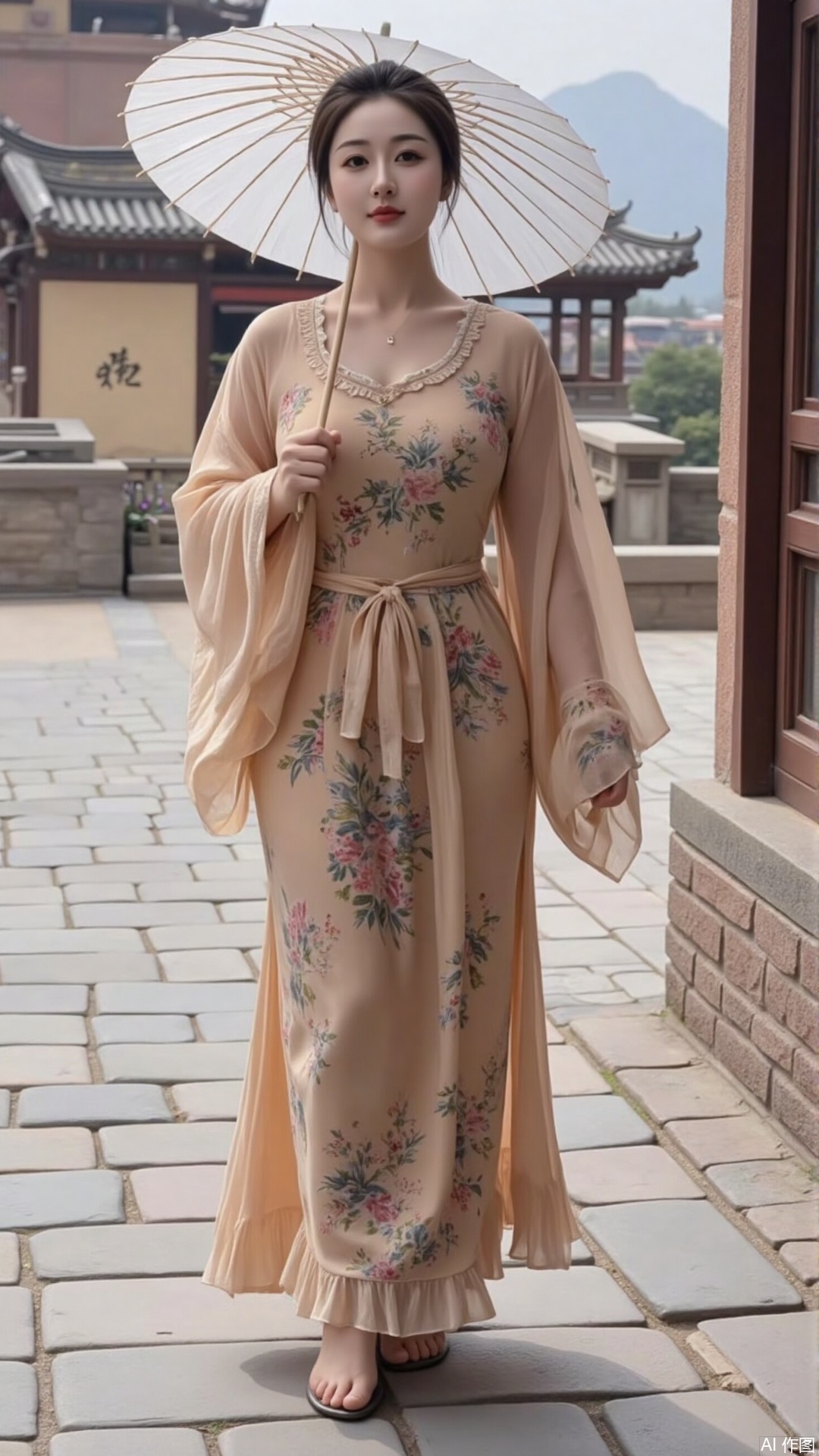 In ancient style backgrounds such as Jiangnan Gardens and Dunhuang Grottoes, the slightly fat goddess strolls on the bluestone road with an oil paper umbrella, or sits quietly in front of the Buddha cave and gently plucks the pipa. The landscapes, eaves, and murals in the background echo the characters, and strengthens the visual focus through contrasting warm and warm colors (such as the characters' warm clothing and cold landscapes).