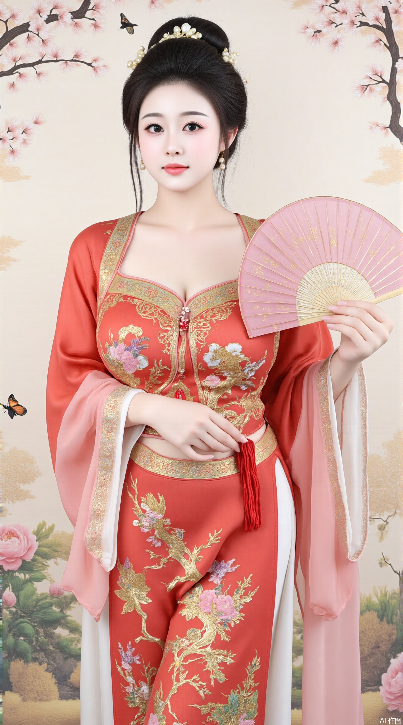 A plump classical and slightly fat beauty, wearing a gorgeous red palace outfit, her clothes were embroidered with exquisite golden phoenix patterns, and her skirt was mopping the floor. She was combed in a tall bun, with several jade hairpins, and pearl earrings. Melon-shaped face, phoenix eyes, cherry mouth, and fair skin as white as snow. She stood in the palace garden holding a pink round fan, surrounded by blooming peonies and flying butterflies. The picture adopts the style of traditional Chinese fine brushwork, with bright colors and delicate lines, and pays attention to detailed descriptions, such as the texture of the clothes, the petals of the flowers, etc.