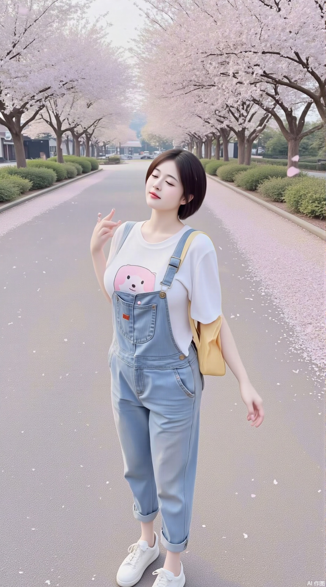 A slightly fat girl with shoulder-length short hair, with a round face and cute dimples. She was wearing a white short-sleeved T-shirt with a pink cartoon pattern on it, paired with light blue overalls, a pair of white sneakers and a yellow backpack on her feet. She stood on a street full of cherry blossom trees, with cherry blossoms falling one after another, and a layer of pink petals were covered with. The girl looked up at the falling cherry blossoms, her eyes full of surprise and happiness. The tones of the picture are fresh and soft, mainly pink and white, creating a romantic and sweet atmosphere.