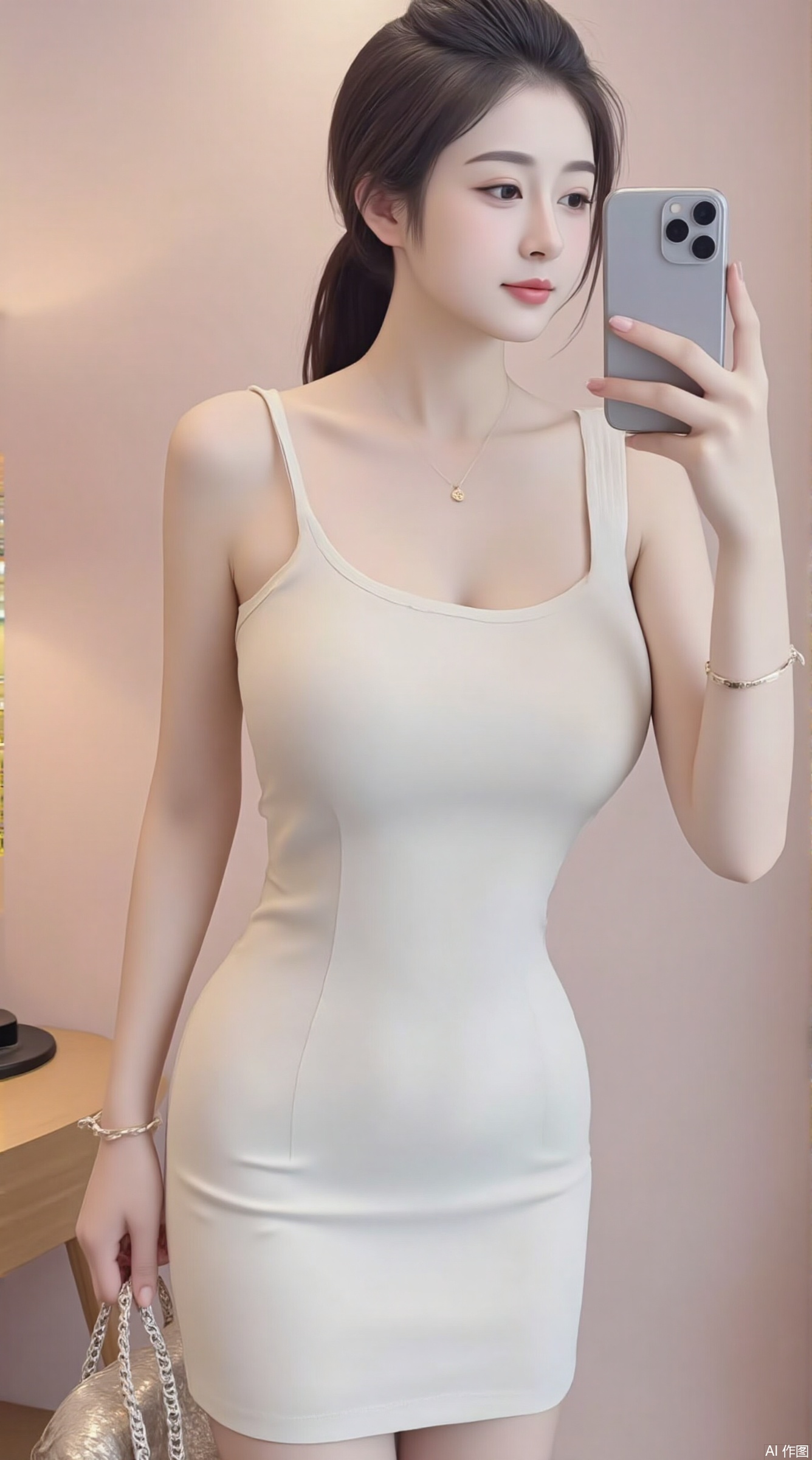 beautiful young girl,his is a high-resolution photograph featuring a young Asian woman standing indoors,likely in a bedroom or a similarly intimate setting. She has a slender physique with a petite frame and fair skin. Her long,dark hair is styled in a sleek,high ponytail,with a few loose strands framing her face. She wears a form-fitting,sleeveless white dress that accentuates her slim waist and curves. The dress has a unique design with a single,large cutout on the left shoulder,revealing part of her shoulder and upper arm. She accessorizes with a delicate gold necklace and a matching bracelet on her left wrist. In her right hand,she holds a silver smartphone,taking a mirror selfie. Her expression is neutral,with slightly parted lips and a focused gaze on the phone. She carries a metallic,textured handbag with a silver chain strap over her left shoulder. The background is a pink wall,cozy ambiance to the scene. The overall composition is modern and stylish,with an emphasis on the subject's youthful and chic appearance,