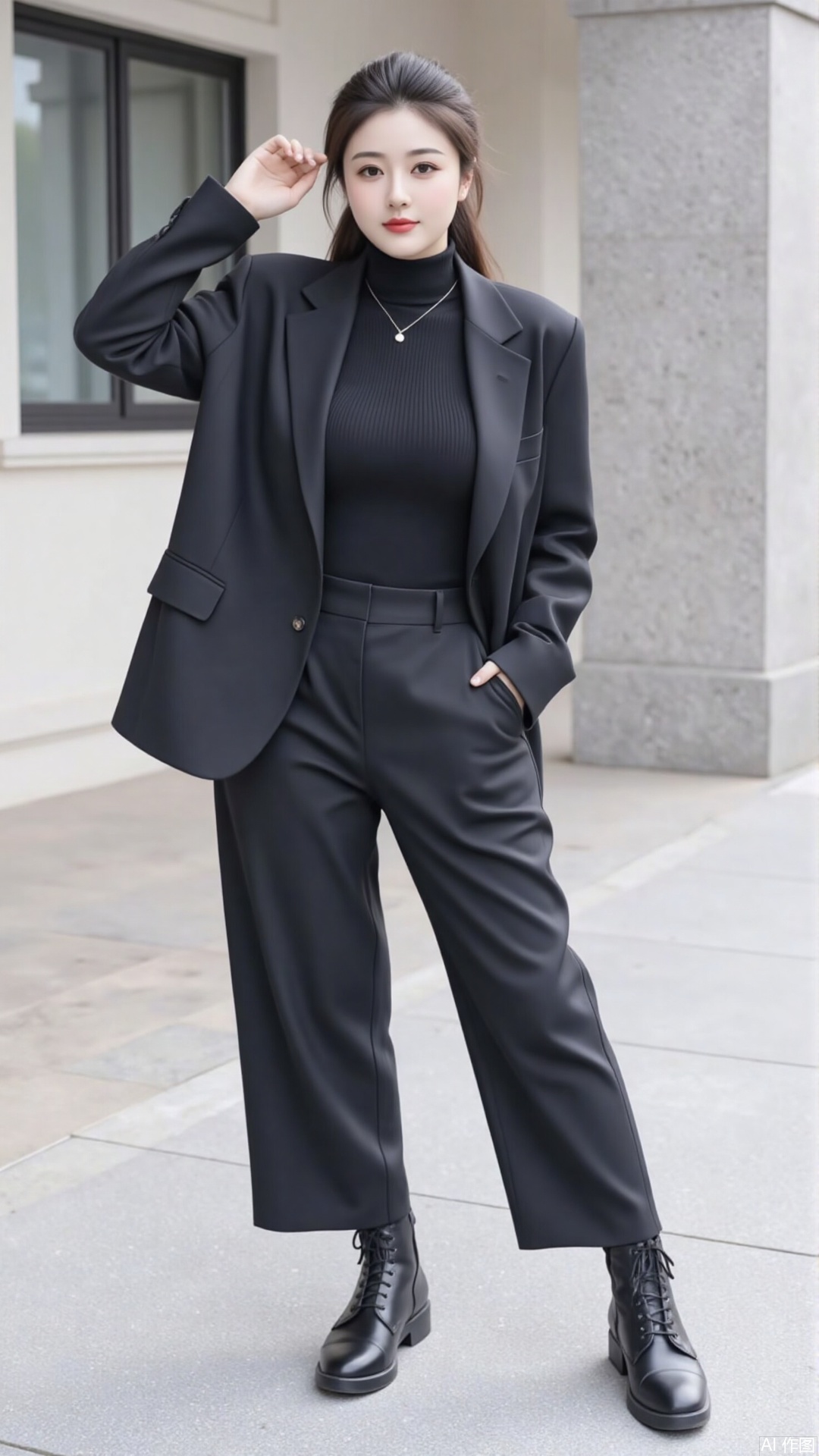 For modern outfits, it is recommended to pair an oversized suit jacket with high-waisted wide-leg pants to create a capable and neat image of a slightly fat goddess in the workplace; or use an oversize sweater and a short skirt to show a lazy and casual casual style, use the length and short combination to highlight the sense of layering and weaken the body's shortcomings.