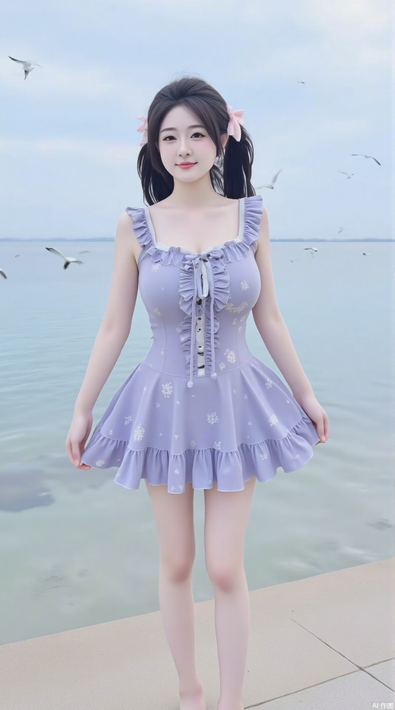 There is a slightly fat Japanese girl with two low ponytails and two pink bow-tie hair accessories on her head. She was wearing a lilac dress with small white floral patterns on the skirt and the hem of the skirt was designed with ruffles. She stood by the sea, the sea breeze gently blew her hair and skirt, and she looked at the sea with a smile, her eyes full of yearning for the sea. In the distance is the blue sea and the sky, and there are several seagulls flying on the sea surface. The picture is simple and fresh, with blue and purple as the main colors, giving people a sense of tranquility and comfort.