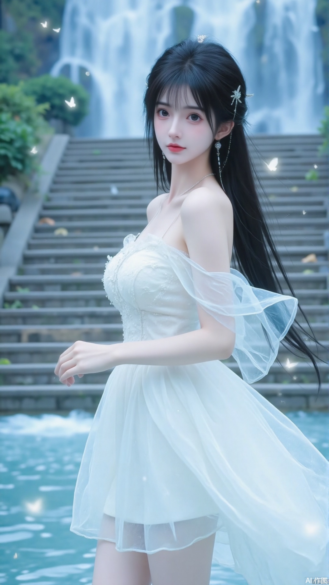 This captivating digital artwork features a young woman standing in front of a majestic waterfall, exuding elegance and poise.

The young woman is adorned with long black hair cascading down her back, complemented by delicate silver butterfly-shaped hairpins on either side of her head. Her slender frame is accentuated by her white off-the-shoulder dress, which features a flowing skirt that adds drama to the overall composition. The dress is paired with matching knee-high socks, completing her enchanting ensemble.

Her fair skin and red lips add a touch of sophistication to her appearance. As she gazes directly at the viewer, her slender hand grasps her left thigh, subtly emphasizing her poise.

In the background, a stunning waterfall cascades down multiple tiers of gray stone steps, surrounded by lush greenery on either side. The image's color palette is characterized by soft blues and greens, complemented by the subtle presence of small white butterflies fluttering around the woman's head and shoulders.

Overall, this digital artwork presents an ethereal scene that effortlessly blends nature and beauty, inviting the viewer to step into its captivating world.