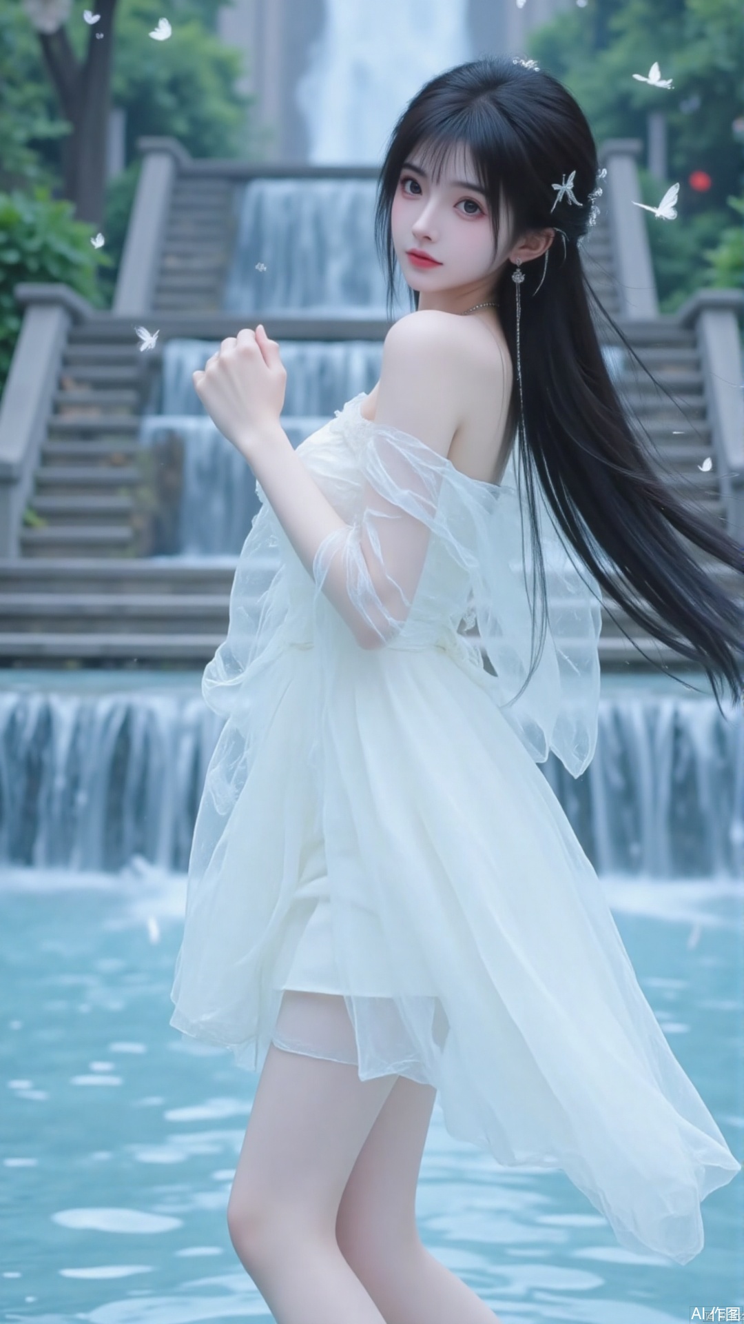 This captivating digital artwork features a young woman standing in front of a majestic waterfall, exuding elegance and poise.

The young woman is adorned with long black hair cascading down her back, complemented by delicate silver butterfly-shaped hairpins on either side of her head. Her slender frame is accentuated by her white off-the-shoulder dress, which features a flowing skirt that adds drama to the overall composition. The dress is paired with matching knee-high socks, completing her enchanting ensemble.

Her fair skin and red lips add a touch of sophistication to her appearance. As she gazes directly at the viewer, her slender hand grasps her left thigh, subtly emphasizing her poise.

In the background, a stunning waterfall cascades down multiple tiers of gray stone steps, surrounded by lush greenery on either side. The image's color palette is characterized by soft blues and greens, complemented by the subtle presence of small white butterflies fluttering around the woman's head and shoulders.

Overall, this digital artwork presents an ethereal scene that effortlessly blends nature and beauty, inviting the viewer to step into its captivating world.