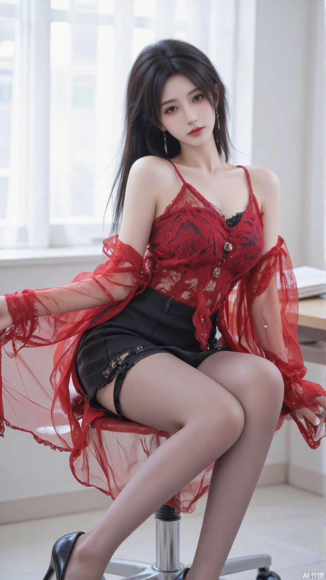 1 Girl, solo, with long black hair, wavy hair, wearing a delicate red sexy gauze dress with intricate lace patterns, exposing shoulders, collarbones, plump breasts, showing navel, belly, wearing a black mini skirt, lace Decoration, red silk screen with holes Pantyhose, long legs, beautiful legs, black high heels, shoes close-up, sitting on office chair, bright office background, beautiful, charming, sexy, charming woman, sideway
