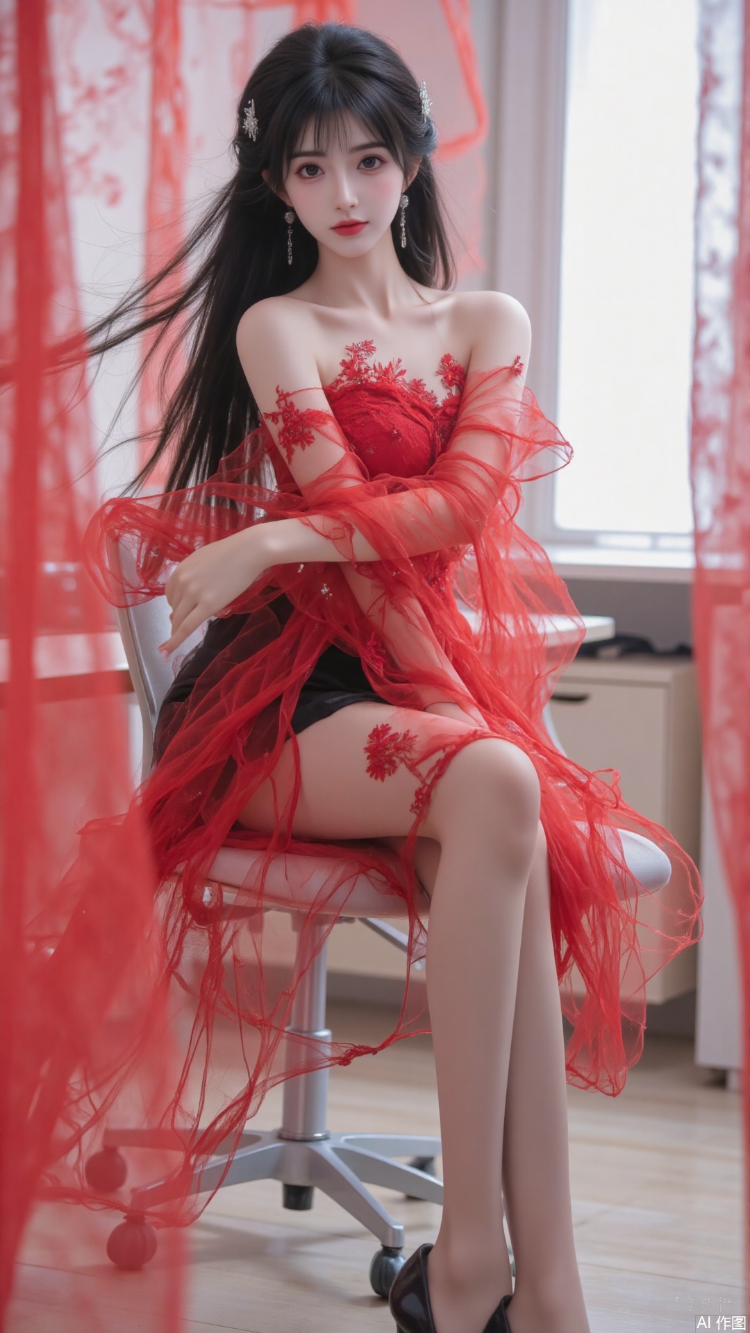 1 Girl, solo, with long black hair, wavy hair, wearing a delicate red sexy gauze dress with intricate lace patterns, exposing shoulders, collarbones, plump breasts, showing navel, belly, wearing a black mini skirt, lace Decoration, red silk screen with holes Pantyhose, long legs, beautiful legs, black high heels, shoes close-up, sitting on office chair, bright office background, beautiful, charming, sexy, charming woman, sideways, low angle shot, bottom view, very low angle, shoes close-up , background blur, dynamic poses.