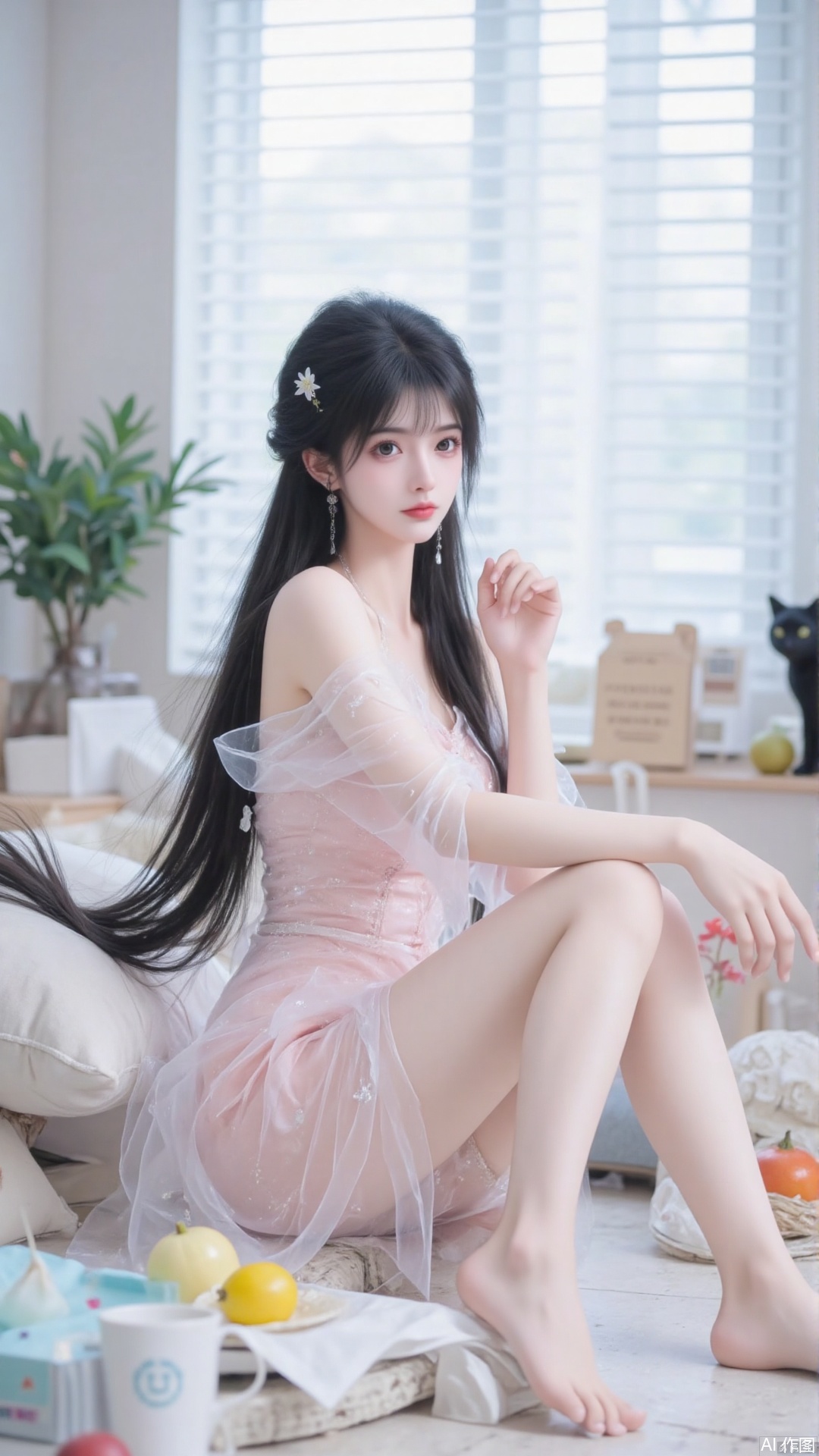 masterpiece,best quality, 1girl,looking_at_viewer,,super long legs, ,realistic,,pose for picture,Dynamic posture, 1girl, solo, long hair, black hair, dress, sitting, braid, flower, food, barefoot, artist name, indoors, water, twin braids, cup, pillow, window, fruit, animal, watermark, cat, plant, pink dress, potted plant, black cat, blinds ,(artist:quasarcake:0.6),extreme aesthetic,masterpiece, best quality, backlight,high quality, (Tyndall Effect 1.4),extremely detailed, High Detail, vibrant colors, anime style, cover art,(wanke:0.8),(watercolor \(tira 7:0.8),(lam (ramdayo):0.8),(mochizuki kei:0.8),extreme aesthetic,masterpiece,best quality,good quality,newest,very aesthetic,absurdres,Visual impact,32K UHD,colorful,sharp focus