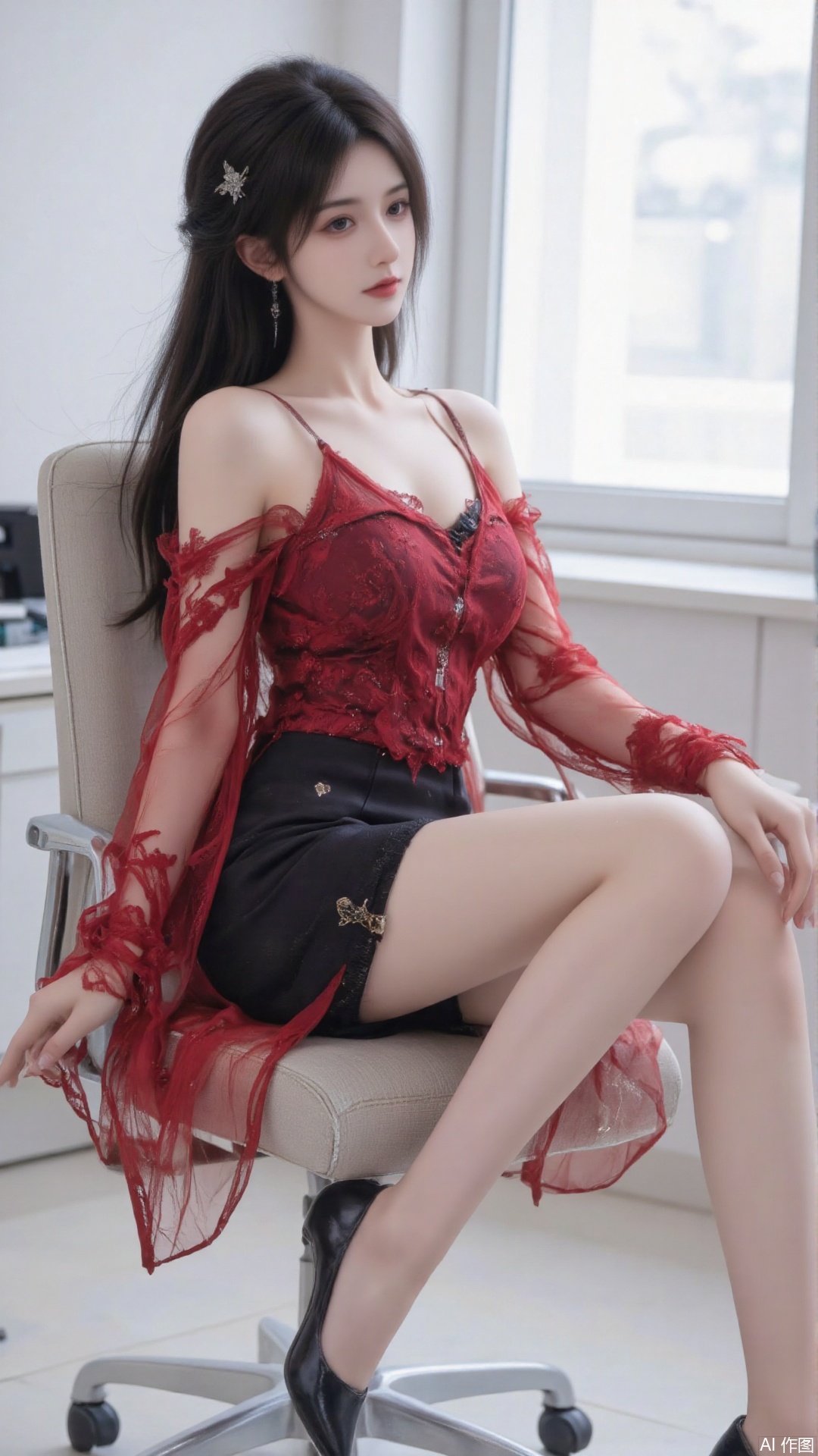 1 Girl, solo, with long black hair, wavy hair, wearing a delicate red sexy gauze dress with intricate lace patterns, exposing shoulders, collarbones, plump breasts, showing navel, belly, wearing a black mini skirt, lace Decoration, red silk screen with holes Pantyhose, long legs, beautiful legs, black high heels, shoes close-up, sitting on office chair, bright office background, beautiful, charming, sexy, charming woman, sideway