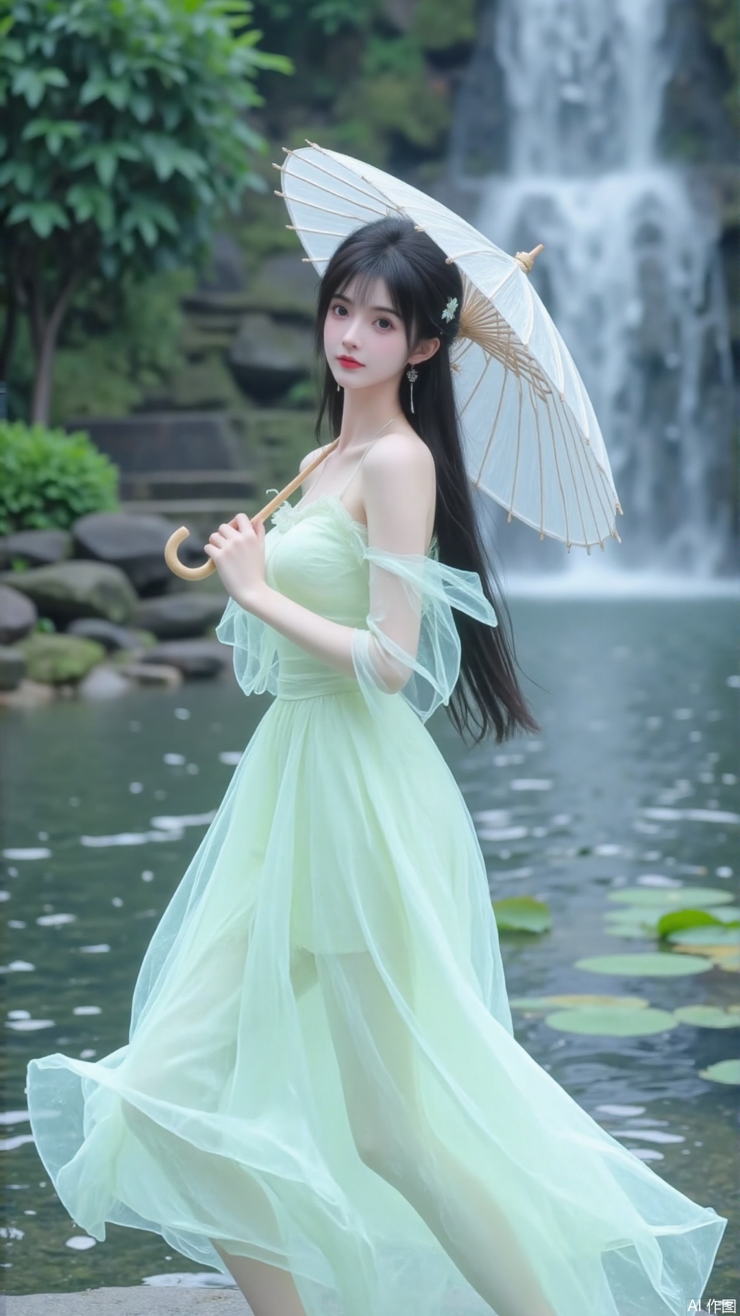 The image shows a young woman standing in front of a waterfall in a garden
She is wearing a long, flowing green dress with a high neckline and long sleeves
The dress is made of a light green fabric and has a flowy skirt that falls to her knees
The woman is holding a white parasol with a bamboo handle in her right hand
She has dark hair styled in a bun with a flower in her hair
The background is filled with greenery and trees, and there are lily pads floating on the water
The overall mood of the image is peaceful and serene.