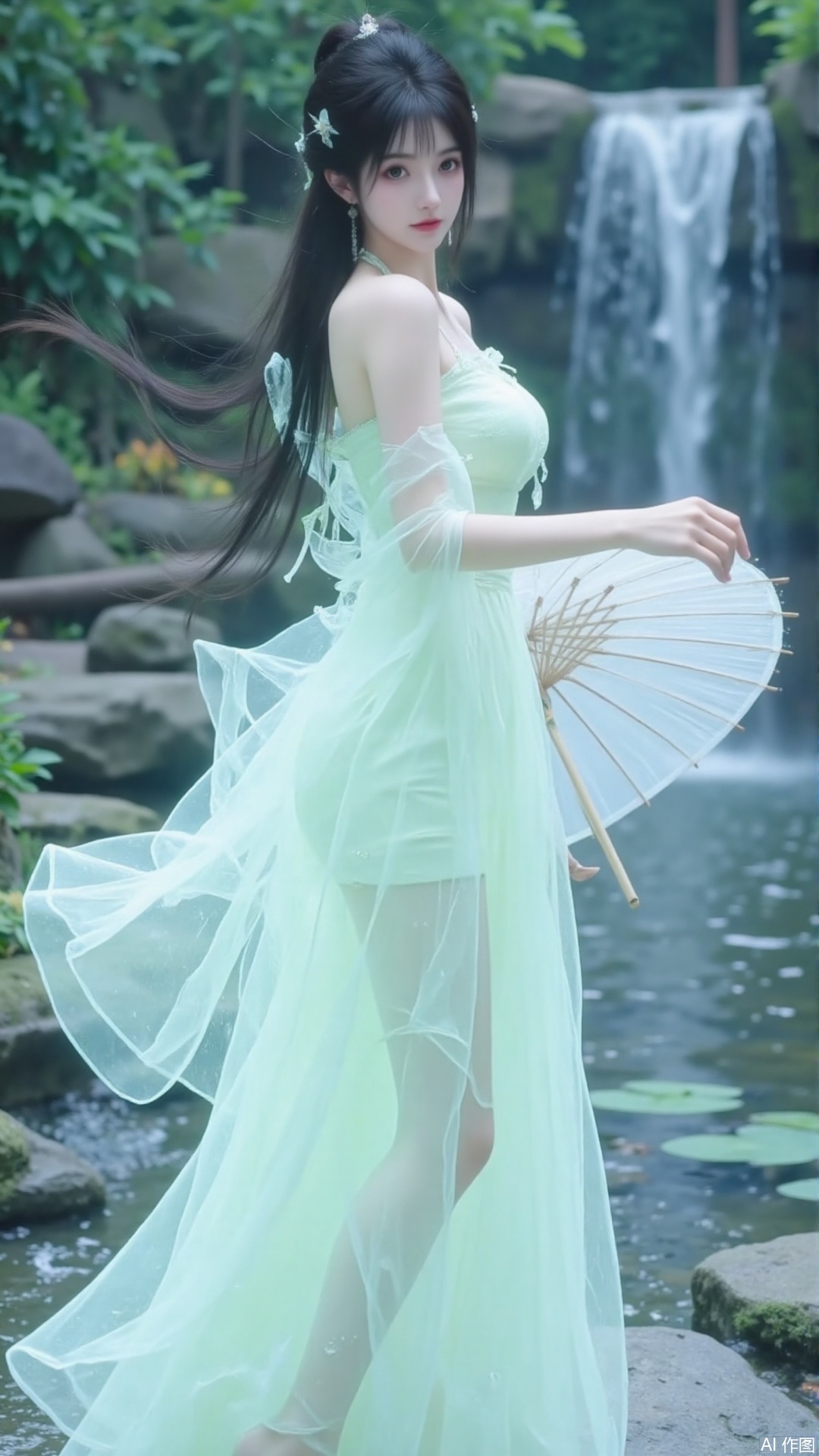 The image shows a young woman standing in front of a waterfall in a garden
She is wearing a long, flowing green dress with a high neckline and long sleeves
The dress is made of a light green fabric and has a flowy skirt that falls to her knees
The woman is holding a white parasol with a bamboo handle in her right hand
She has dark hair styled in a bun with a flower in her hair
The background is filled with greenery and trees, and there are lily pads floating on the water
The overall mood of the image is peaceful and serene.
