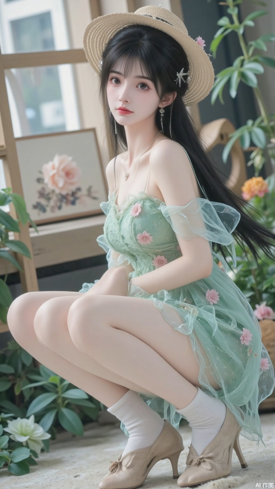 1girl, solo, black hair, hat, jewelry, braid, socks, necklace, twin braids, realistic,(plant dress),flower dress,squatting,plant