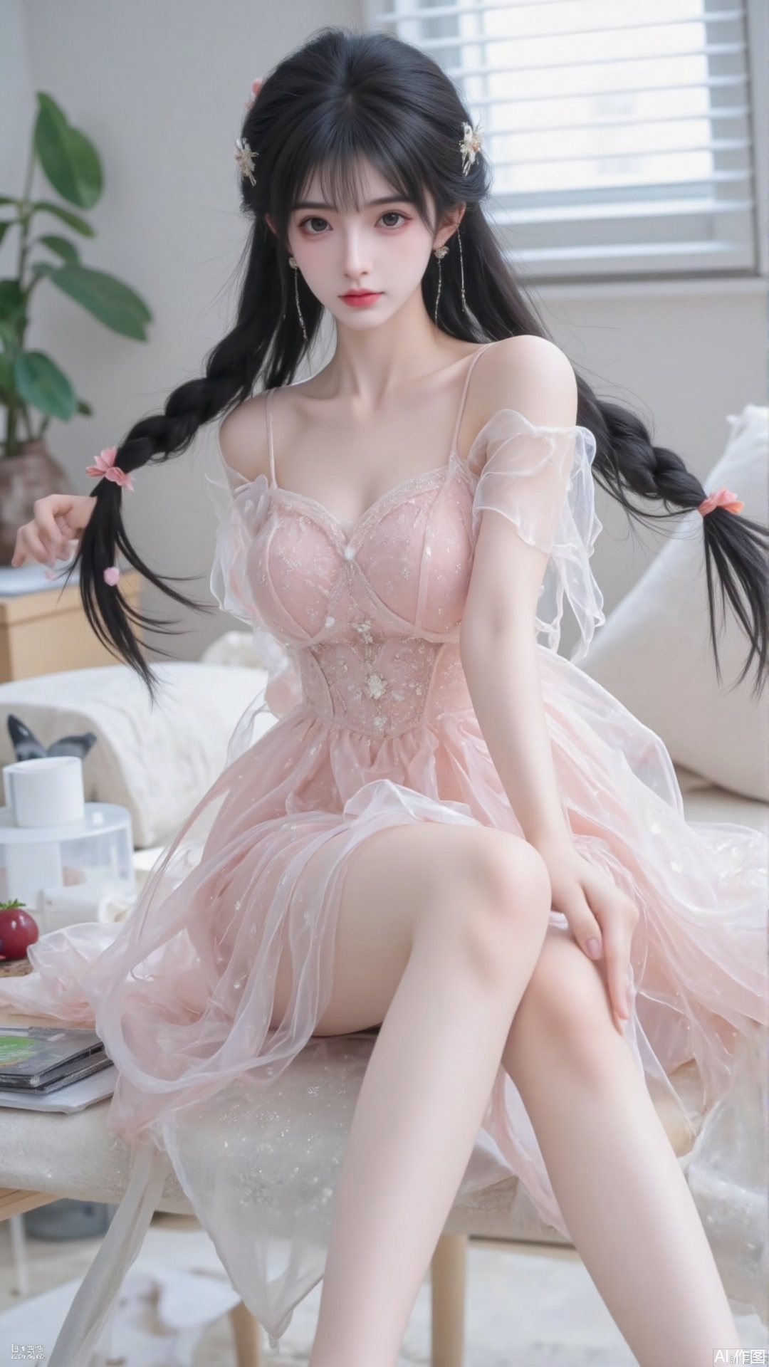 masterpiece,best quality, 1girl,looking_at_viewer,,super long legs, ,realistic,,pose for picture,Dynamic posture, 1girl, solo, long hair, black hair, dress, sitting, braid, flower, food, barefoot, artist name, indoors, water, twin braids, cup, pillow, window, fruit, animal, watermark, cat, plant, pink dress, potted plant, black cat, blinds ,(artist:quasarcake:0.6),extreme aesthetic,masterpiece, best quality, backlight,high quality, (Tyndall Effect 1.4),extremely detailed, High Detail, vibrant colors, anime style, cover art,(wanke:0.8),(watercolor \(tira 7:0.8),(lam (ramdayo):0.8),(mochizuki kei:0.8),extreme aesthetic,masterpiece,best quality,good quality,newest,very aesthetic,absurdres,Visual impact,32K UHD,colorful,sharp focus