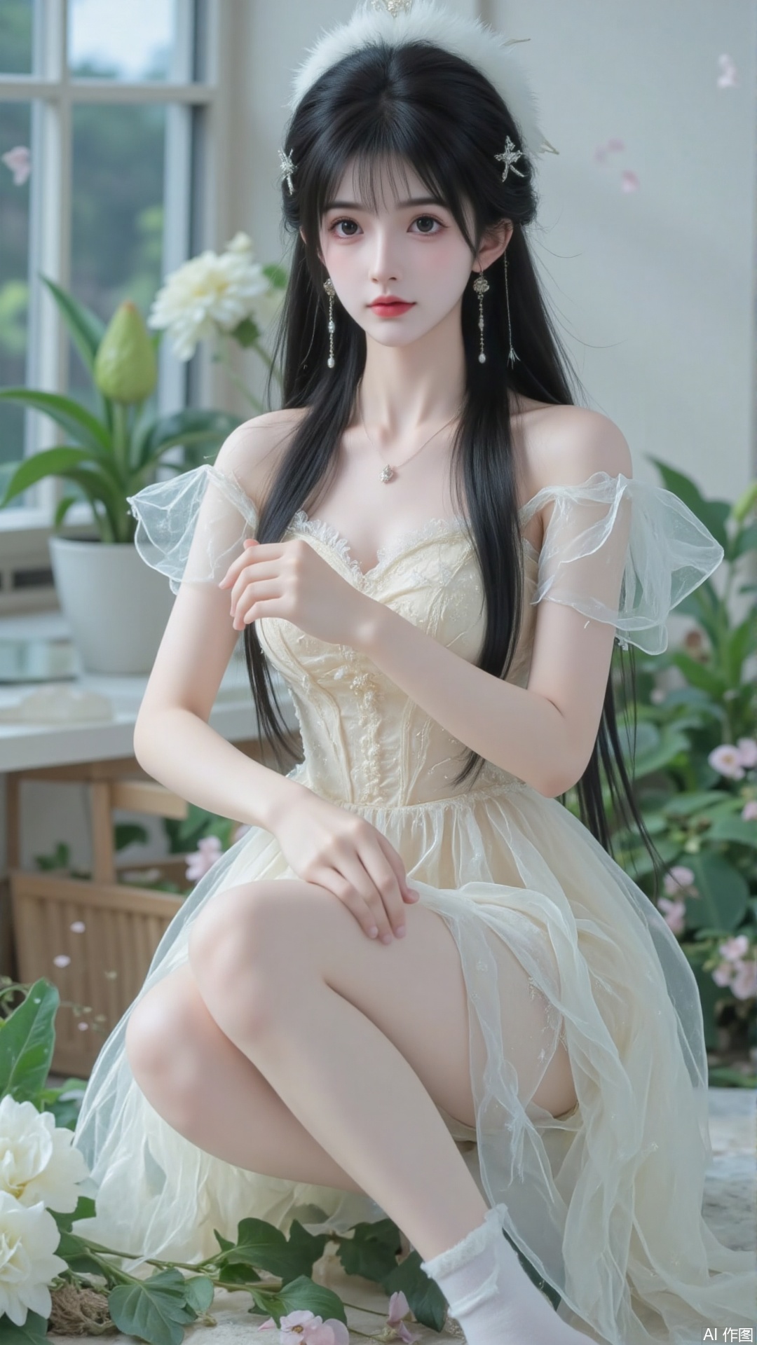 1girl, solo, black hair, hat, jewelry, braid, socks, necklace, twin braids, realistic,(plant dress),flower dress,squatting,plant